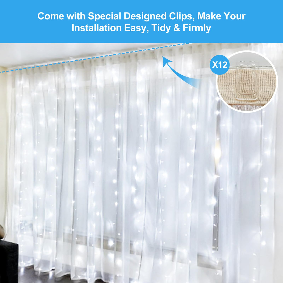 HOLITS Fairy Curtain Lights Upgraded Tangle-Free Cool White USB Plug in 8 Modes String Hanging Lights with Remote for Christmas, Bedroom, Indoor, Outdoor, Weddings, Party (6.6FTx6.6FT)