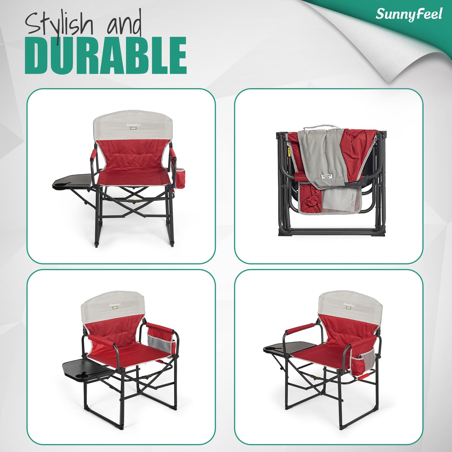 SUNNYFEEL Oversized Camping Directors Chair 2 Pack, Portable Folding Lawn Chairs for Adults Heavy Duty with Side Table,Pocket for Beach, Fishing,Picnic,Concert Outdoor, Foldable Camp Chairs