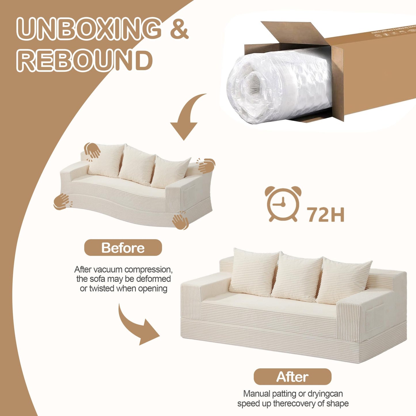 feliz home 78.5” Convertible Sofa Bed,Corduroy 3 Seater Boneless Couch Bed Futon,Fold Out Couch with 3 Pillows,Loveseat Sleeper with Pull Out Bed for Living Room, Guest,Bedroom,Beige
