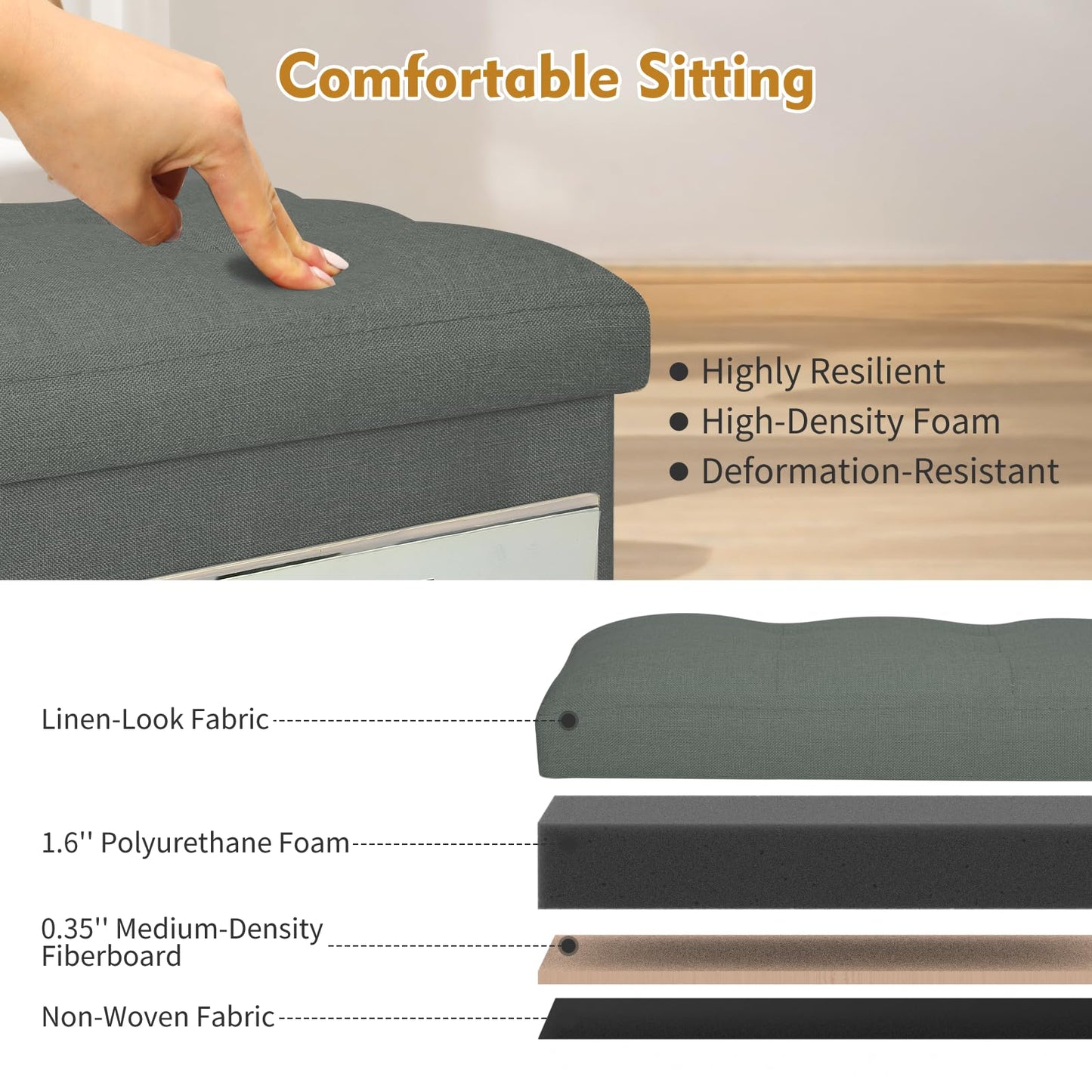 BelugaHelper Small Ottoman with Storage, Foldable Ottoman Foot Rest Stool with Thicker Foam Padded Seat. Linen Storage Bench for Bedroom Living Room, Holds Up to 300 lbs, 17x13x13IN(Black Green)