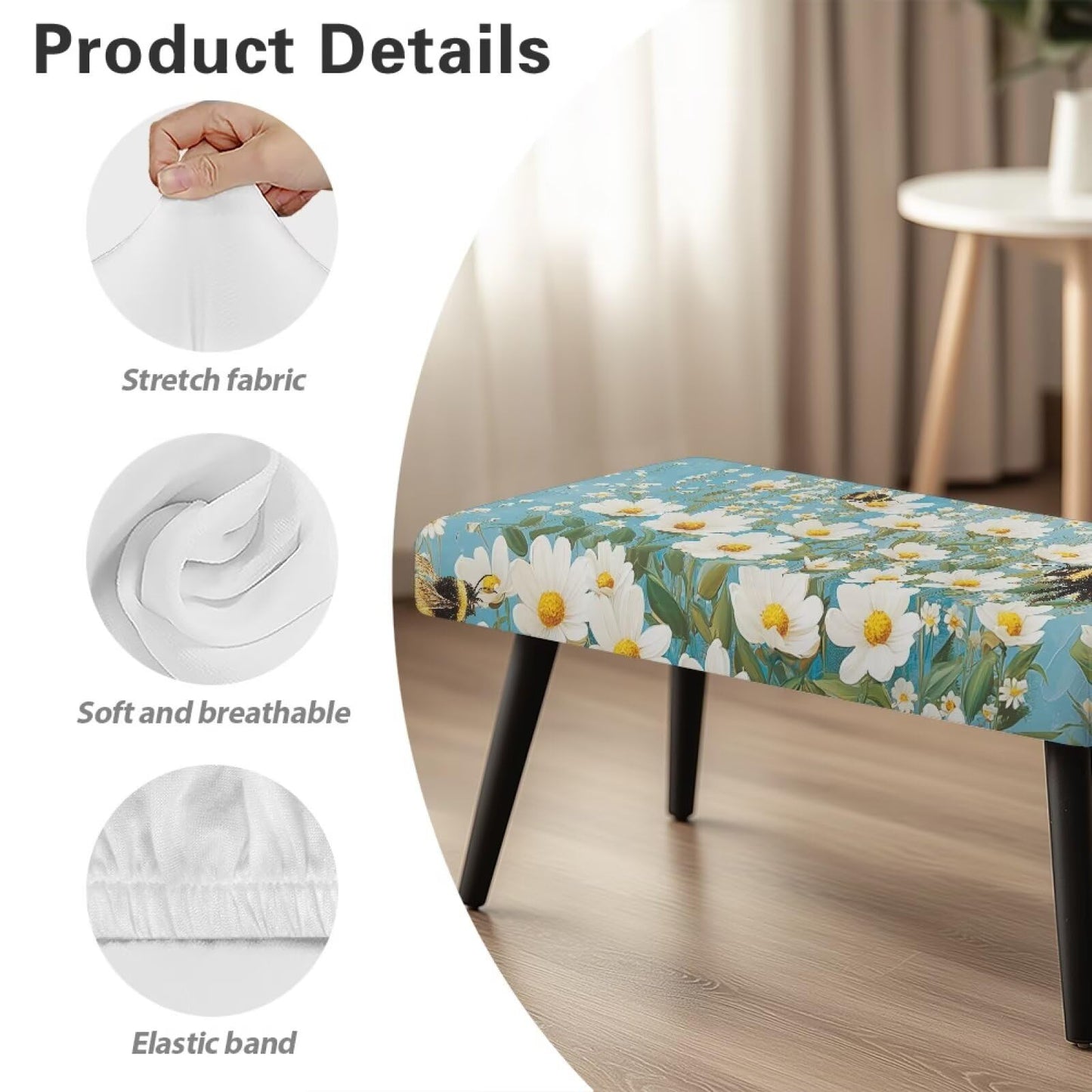Cugasmaru Dining Bench Covers Soft Daisy Seat Cushion Protector,Washable Stretch Dining Bench Cover for Living Room Kitchen Easy to Clean
