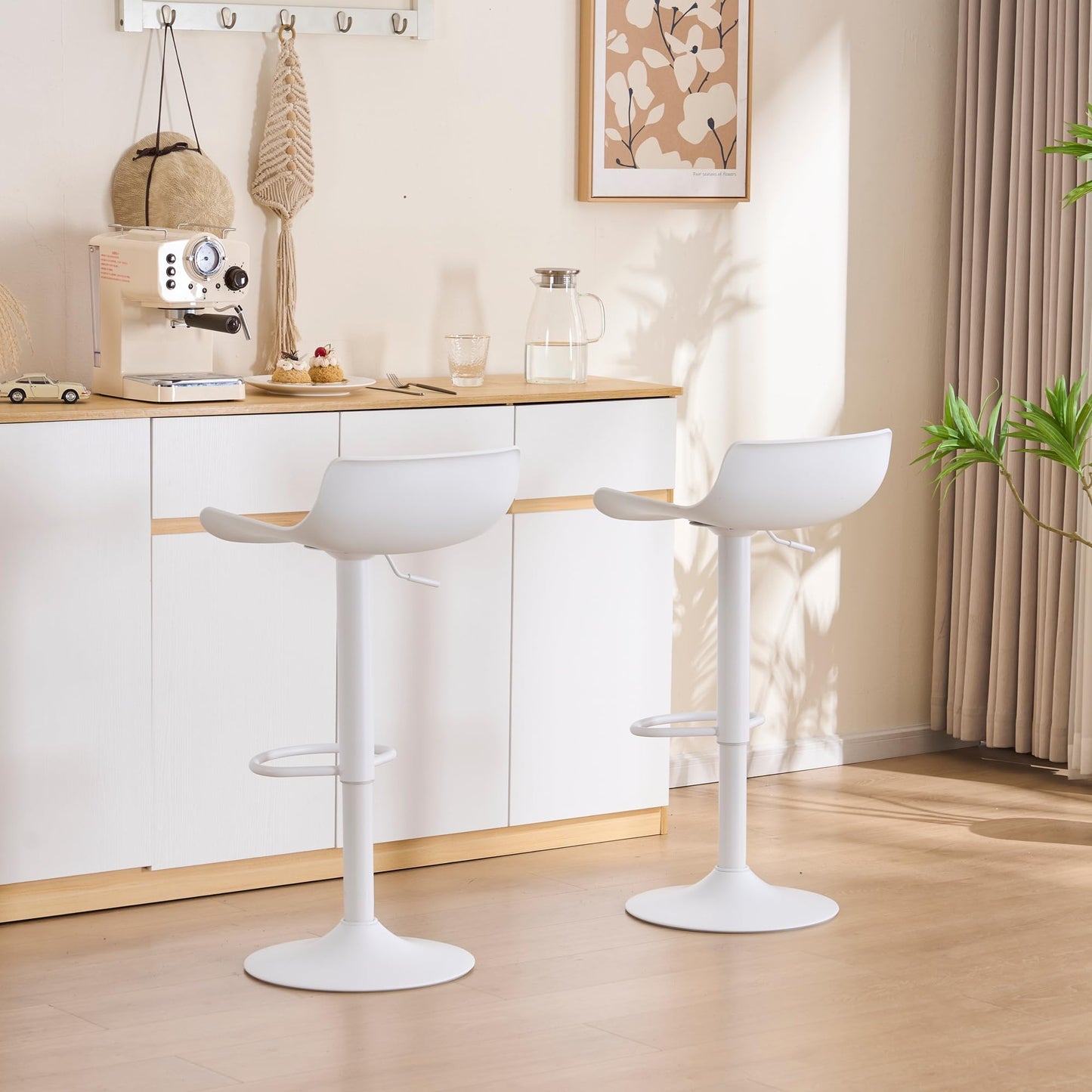 YOUNIKE White Adjustable Height Bar Stools Set of 2 Plastic Swivel Barstool with Low Back Modern Kitchen Counter Island Bar Chairs for Breakfast Nook Cafe Bars Office