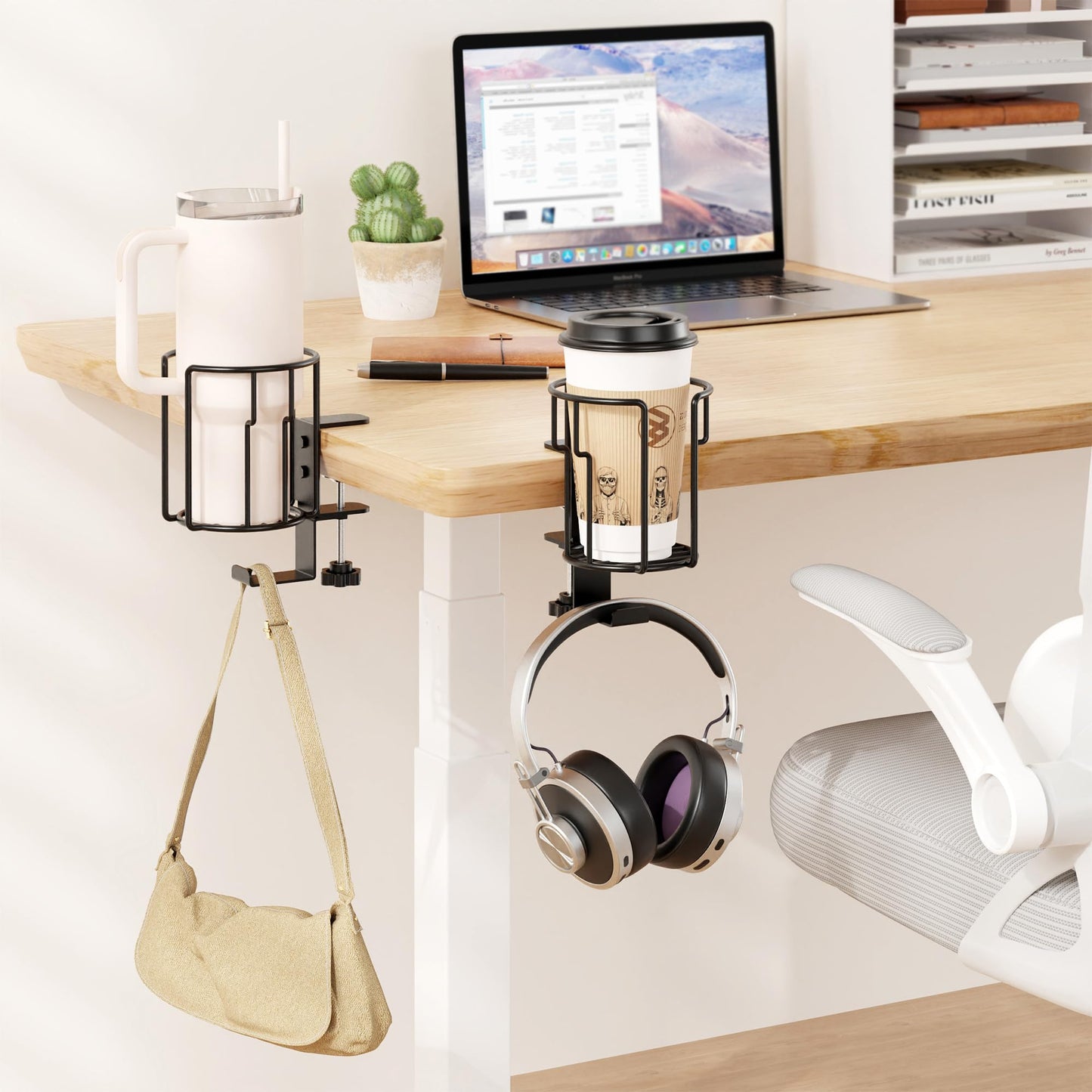 Large Desk Cup Holder, 2-in-1 Clip On Cup Holder with Headphone Hook, Heavy-Duty Metal Drink Holder for Insulated Tumblers, Big Water Bottles, Fits Office Desk Organizer, Dorm, Gaming Setup (2 Pack)