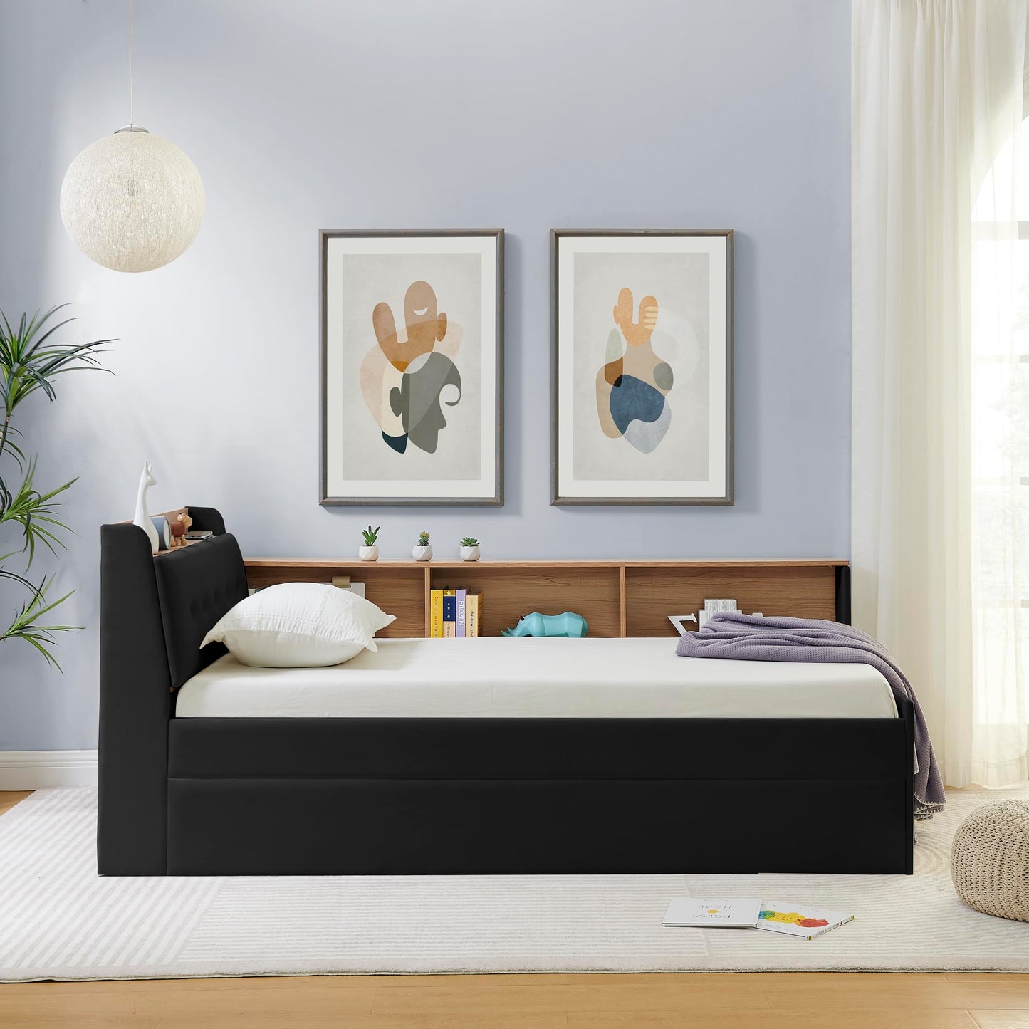 Twin Size Upholstery Velvet Height Adjustable Day Bed with Storage Headboard and Wireless Charging, Multi-Functional Daybed with Trundle Bed & LED Lights, Black