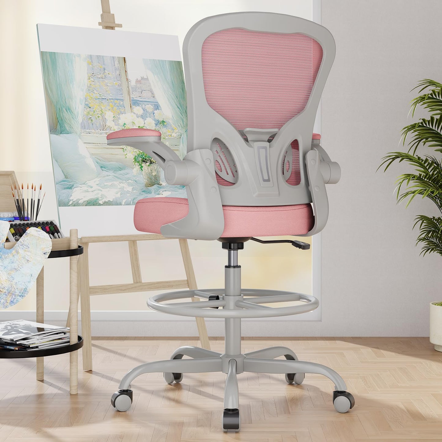 Synorla Ergonomic Drafting Chair, Tall Mesh Office Chair with Flip-up Armrests, Lumbar Support & Adjustable Footrest Ring for Standing Desk Gray Pink