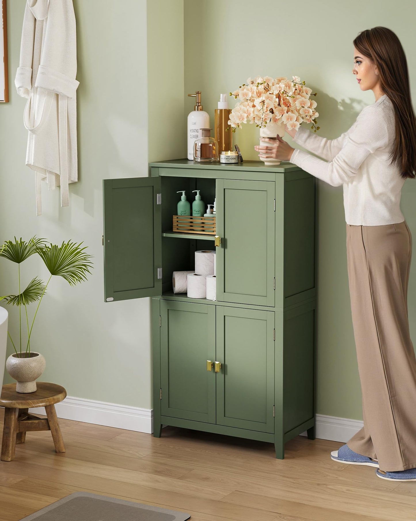 VASAGLE Floor Storage Cabinet, Freestanding Storage Unit with 4 Doors, Adjustable Shelves, 11.8 x 23.6 x 43.3 Inches, for Entryway, Bathroom, Forest Green UBBC552C01