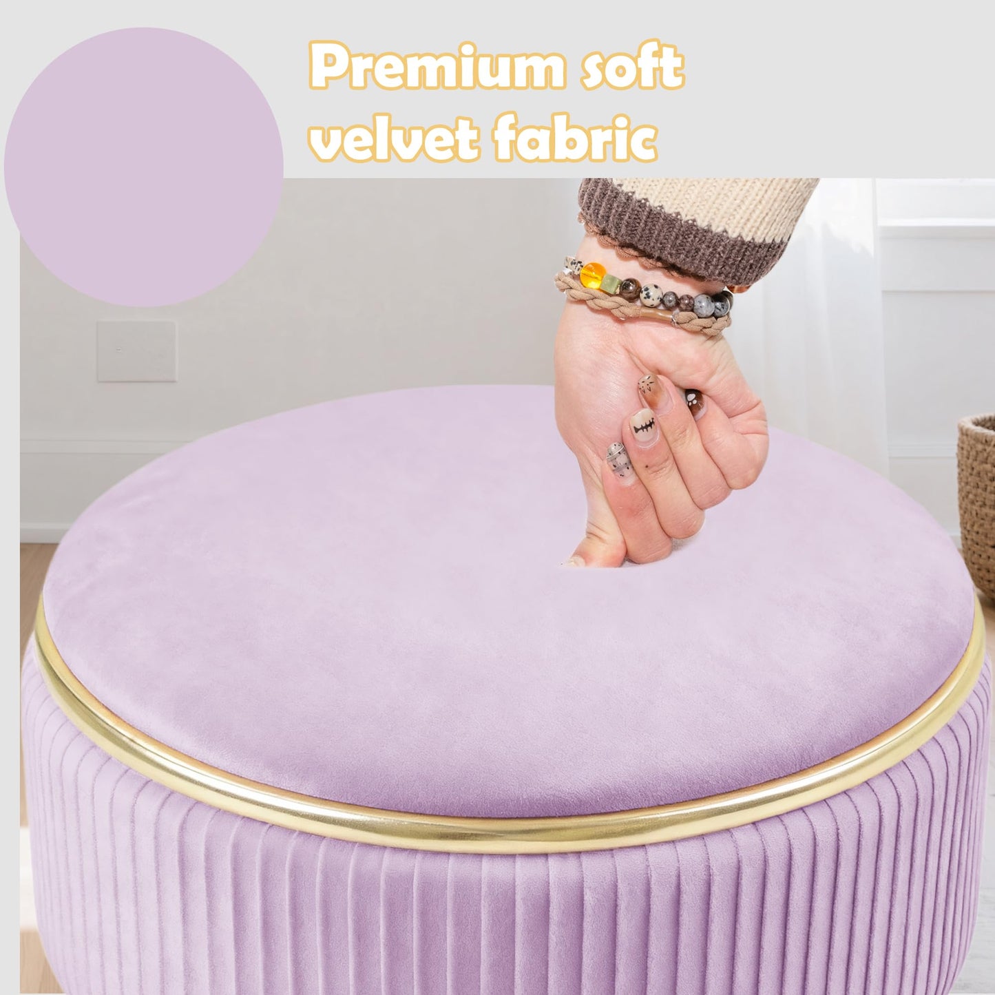 MRITWAII Adjustable Vanity Stool with Storage, 360° Swivel Makeup Stool Chair Small Velvet Round Ottoman with Gold Base for Bedroom (Purple)
