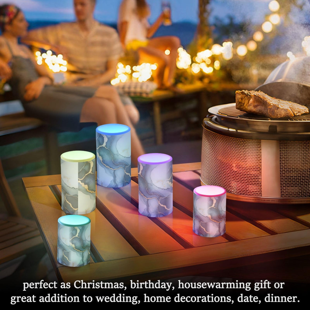 zyrtty 2 Pack Plastic Flameless Candles Blue Grey Gold Marble Pattern Ombre Battery Operated with Remote and Timer Real Wax LED Flickering Pillar Candles Set Window Christmas Holiday Decor