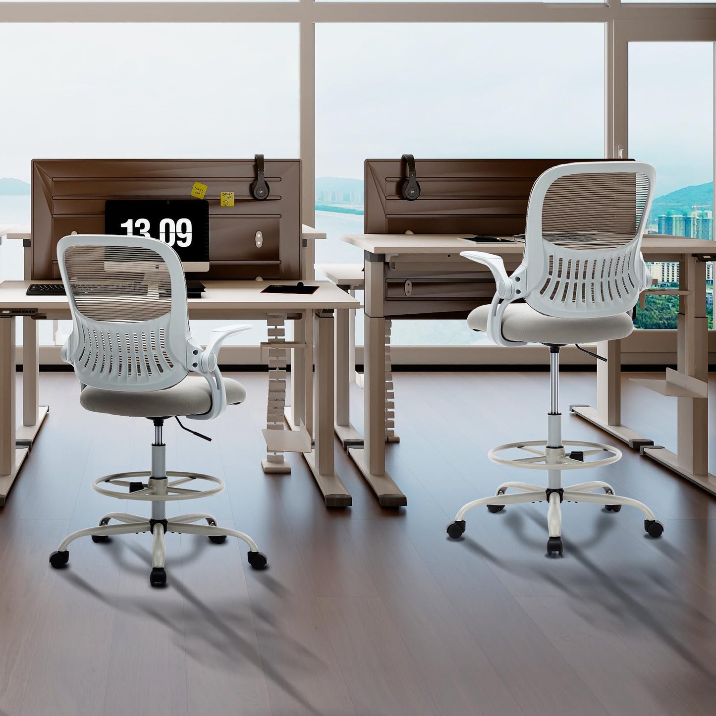 Sweetcrispy Tall Drafting Office Desk Chair - Ergonomic High Stool Computer Chair with Adjustable Height and Comfy Lumbar Support, Rolling Counter Height Chair with Flip-up Arm and Footrest, Grey