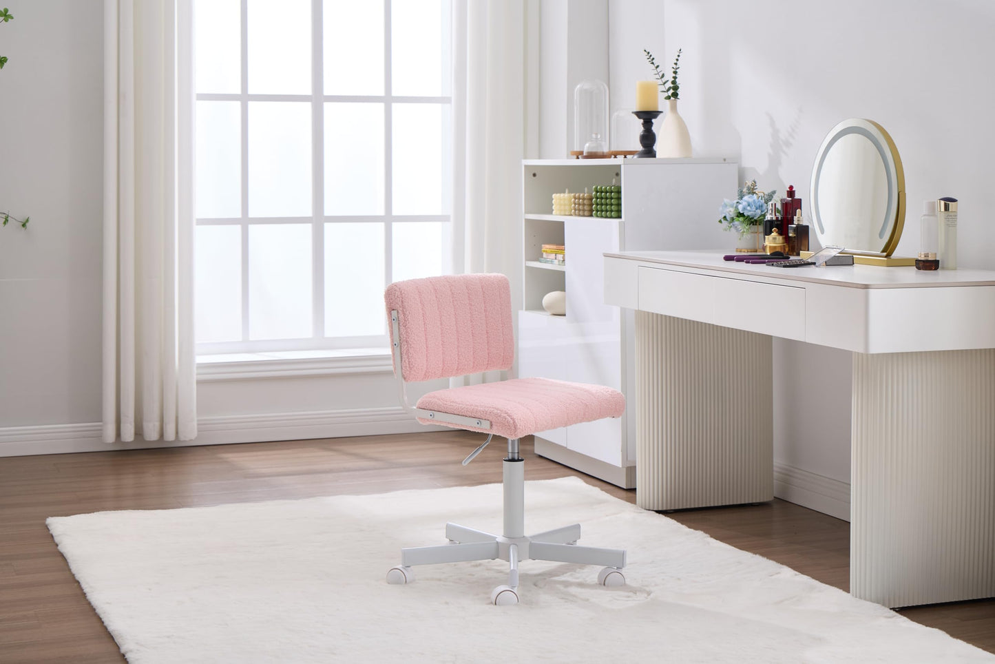 Manyday Office Chair Vanity Chair with Wheels, Comfy Small Desk Chair Vanity Chair with Back, Cute Teddy Armless Adjustable Swivel Chair for Bedroom Home Computer Task, Pink