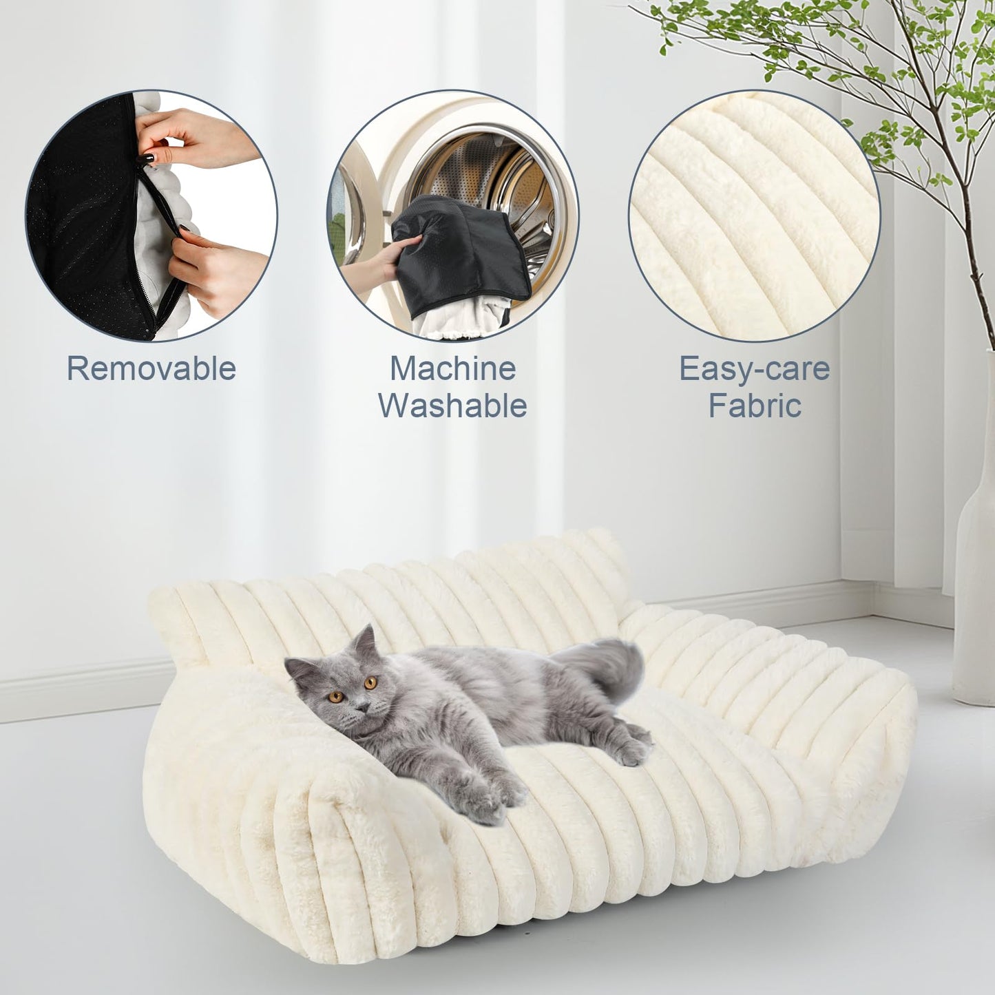 Cute Cat Couch Bed for Indoor Cats, Fluffy Pet Cat Sofa with Premium Soft Corduroy Fleece, Cute Small Dog Beds for Small Dogs, Fuzzy Puppy Chair with Removable Washable Cover (24x18x10,Cream)