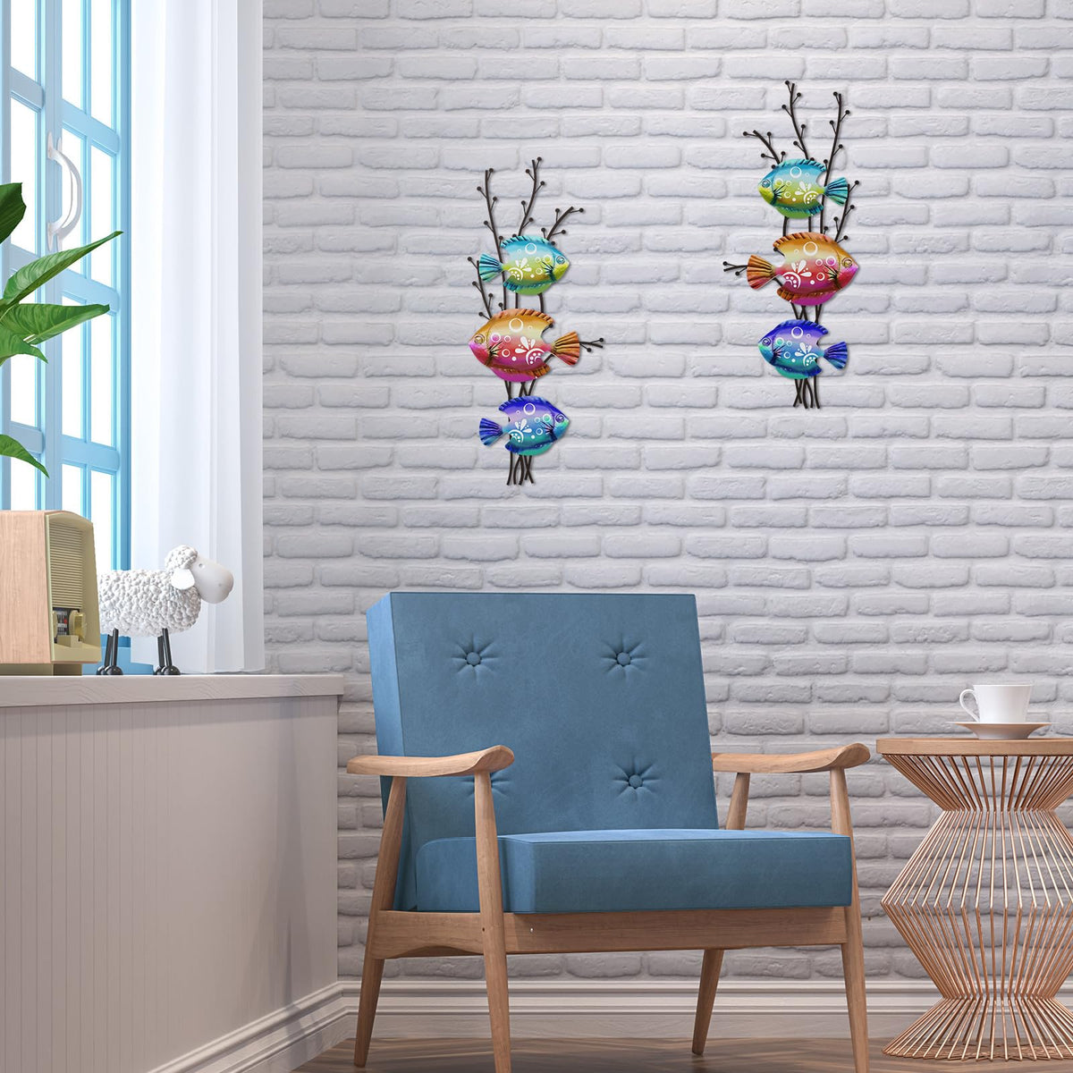 Landhoow 2 Pcs Coastal Wall Decor Metal Fish Wall Art Beach Ocean Sea Tropical Fish Art Nautical Hanging Sculpture for Summer Party Favor Indoor Outdoor Bedroom Living Room Kitchen