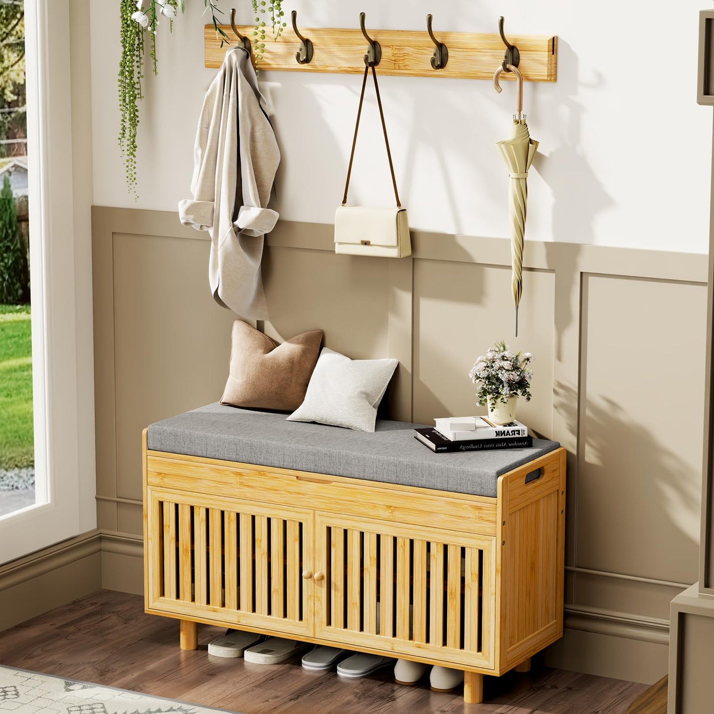 Shoe Storage Bench Coat Rack Set, 35.4" Bamboo Shoes Bench with Lift Top Hidden Storage & Wall Hooks, Hall Tree Entryway Bench with Seat Cushion, 2-Tier Shoe Cabinet for Entryway, Living Room, Bedroom