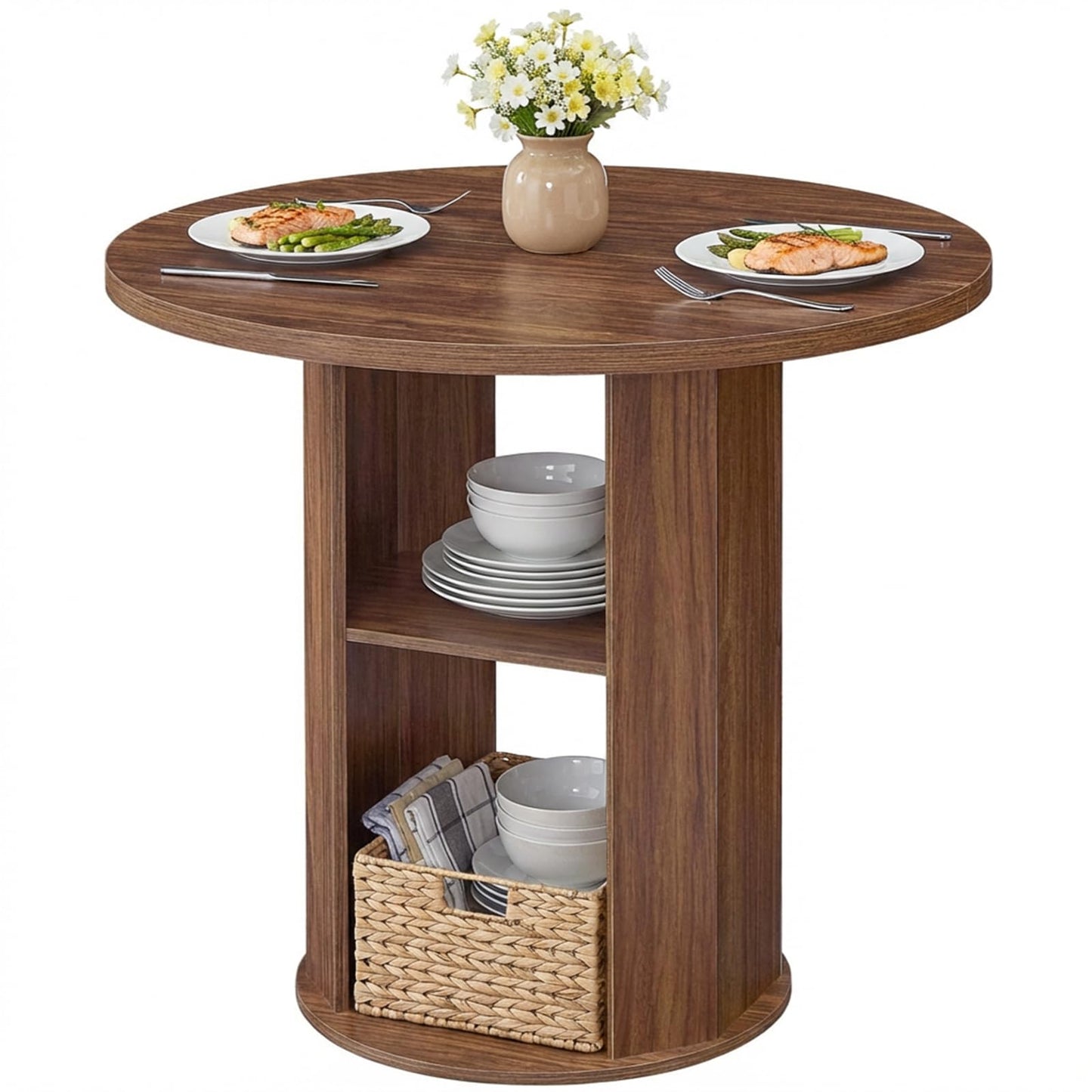 MAHANCRIS 31.5" Round Dining Table with Storage Shelf for 2-3, Circle Kitchen Dinner Table with Thick Tabletop, for Small Spaces, Circle Nook Table for Kitchen & Dining Room, Walnut DTWA8501
