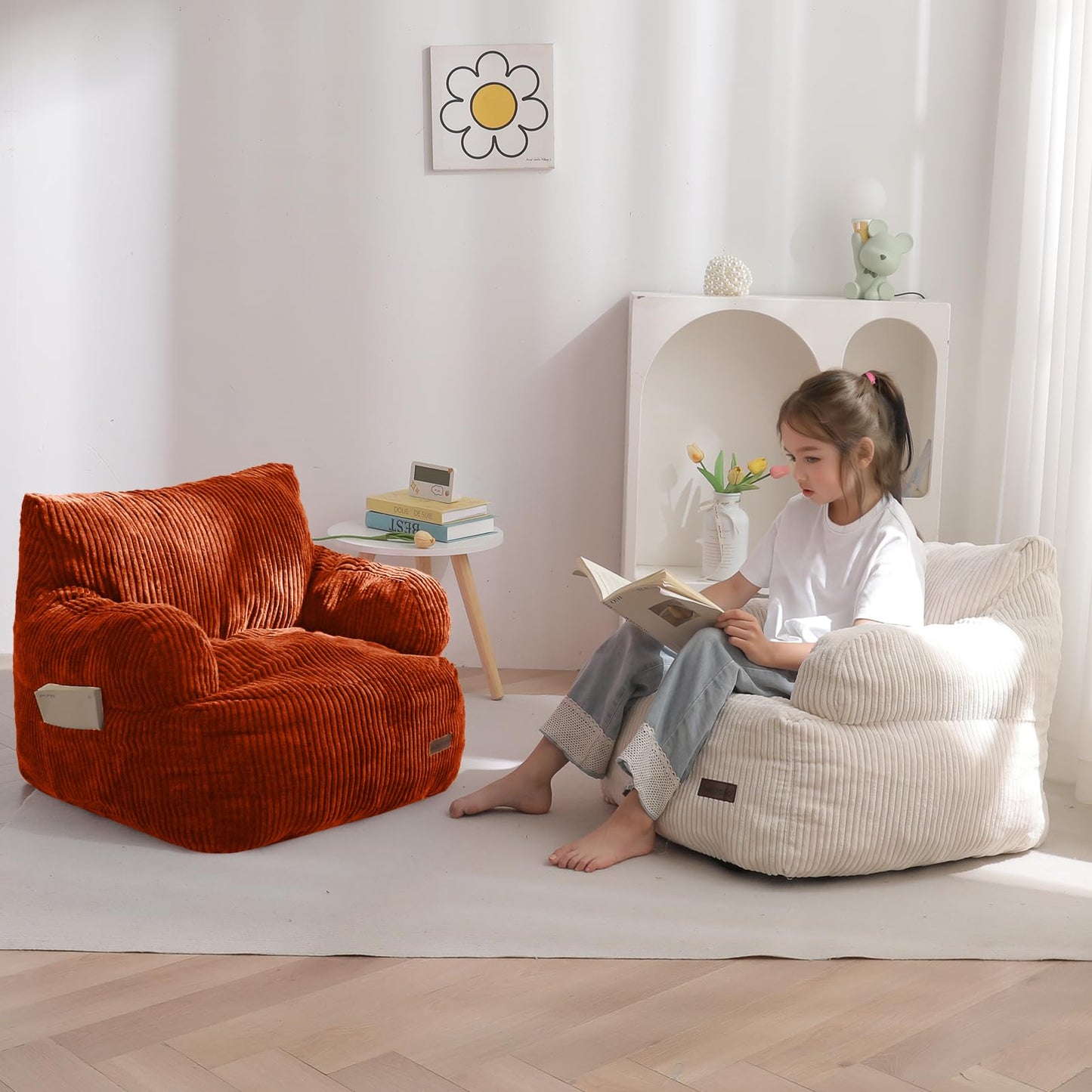 MAXYOYO Kids Bean Bag Chair, Stuffed Toddler Bean Bag Sofa with Filler Cozy for Boys and Girls, Lazy Sofa with Pocket Floor Chair for Gaming, Reading, Orange