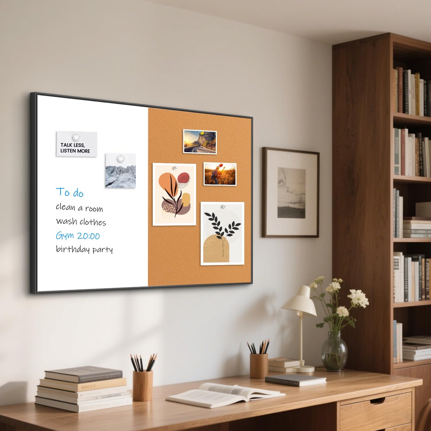 QUEENLINK White Board Cork Board Combo, 36'' x 24'', Magnetic Dry Erase Board and Pin Board for Wall, Black Aluminum Frame Bulletin Board for Home Office School with Accessories