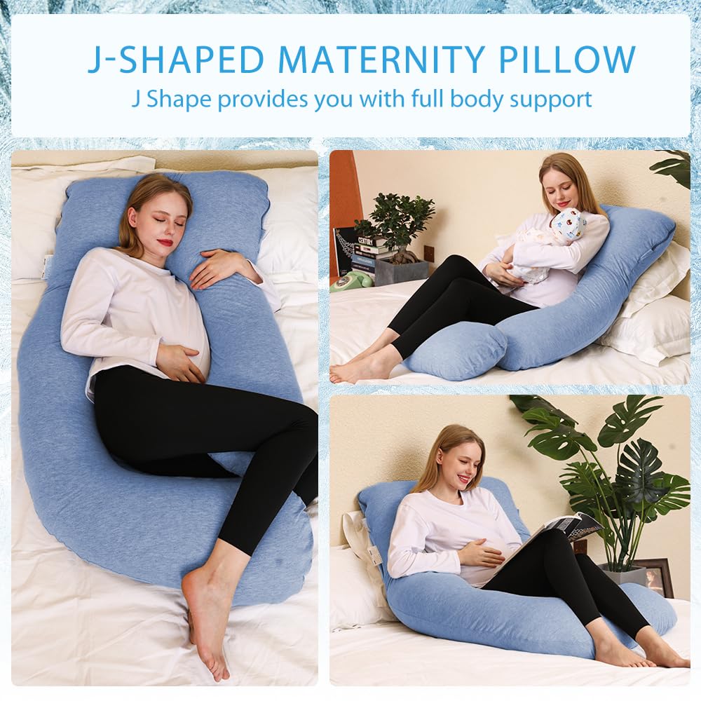 Chilling Home Pregnancy Pillow, U Shaped Pregnancy Pillows for Sleeping Full Body Pillow Maternity Pillow for Pregnant Women 58 inch, Pregnant Women Must Have with Removable Cover, Blue-Jersey