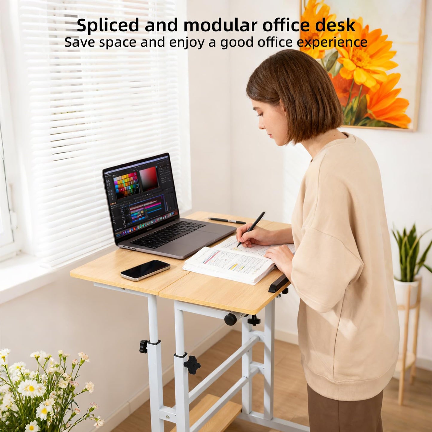 FAHKNS Small Standing Desk with Wheels, Portable Standing Desk, Adjustable Height & Tiltable Tabletop Mobile Stand Up Desk for Home Reading Desk and Office Work