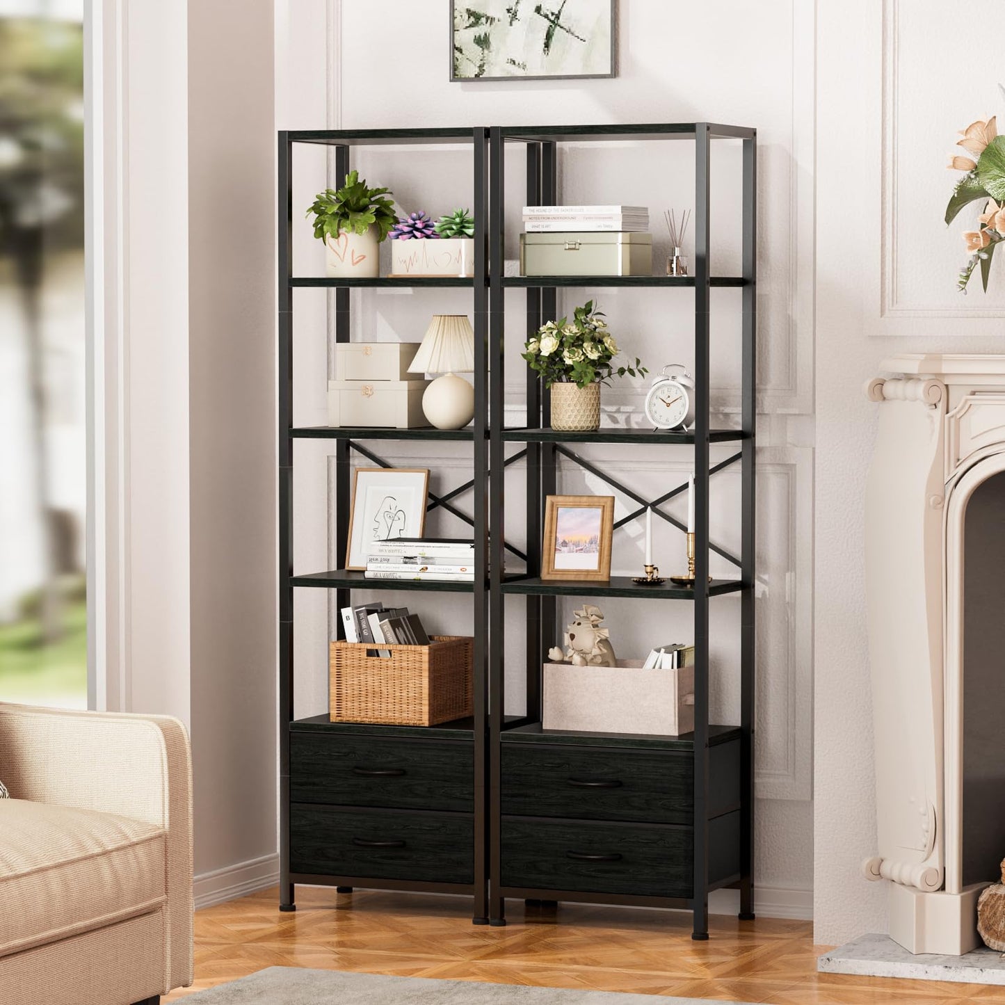 Furnulem 5-Tier Corner Shelf, Narrow Bookshelf with 2 Storage Drawers, 65.16" Tall Bookcase, Standing Shelf Organizer Unit for Living Room, Bedroom, Metal Frame, Wood Display Shelf(Black Oak)