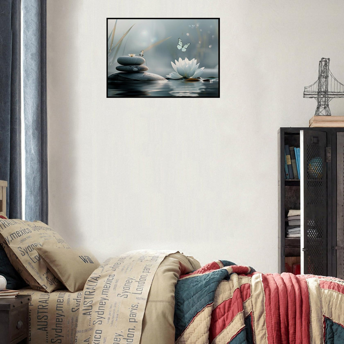 Floral Butterfly Lotus Canvas Wall Art Framed Painting Prints Posters Artwork Wall Decor Zen Spa Decor Spiritual Wall Art Yoga Meditation Room Zen Office Wall Decor 16x24 Inches