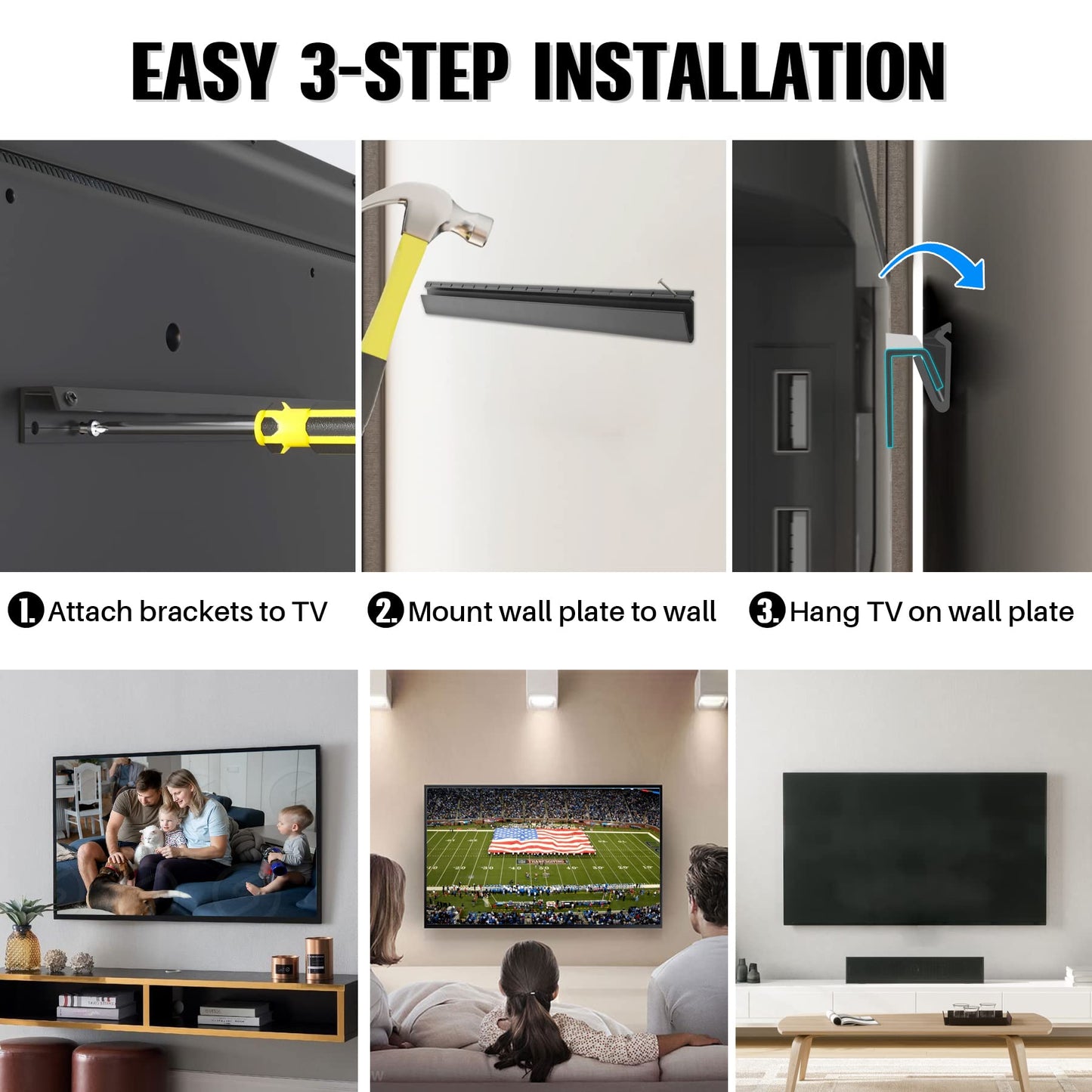 AENTGIU 2-Pairs Studless Drywall TV Wall Mount, Universal Low Profire TV Bracket Hanger for 32-75 inch Flat Screen TVs, No Stud, No Drill, No Anchors, Easy Install with All Hardware