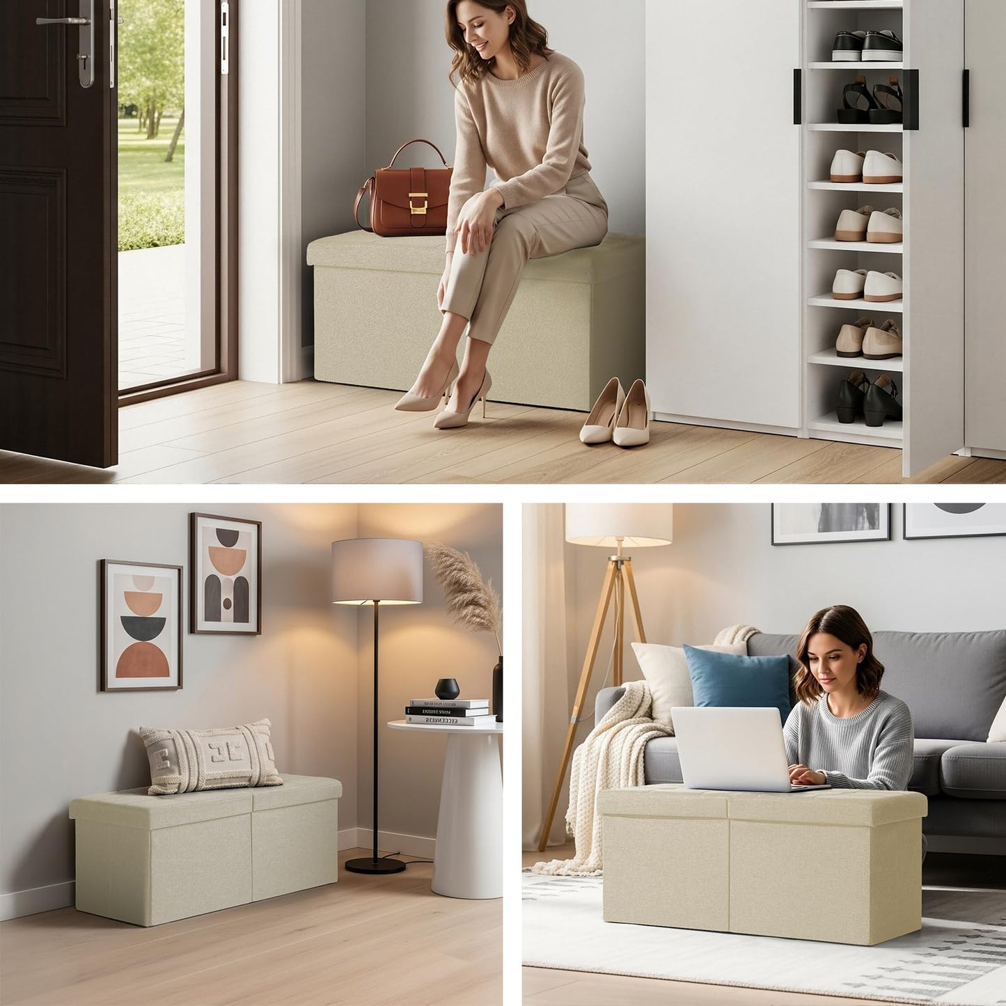 Snuvid 30-INCH Ottoman with Storage, Footrest Storage Bench, End of Bed Bench Coffee Table for Living Room, Bedroom, Entryway (Beige)