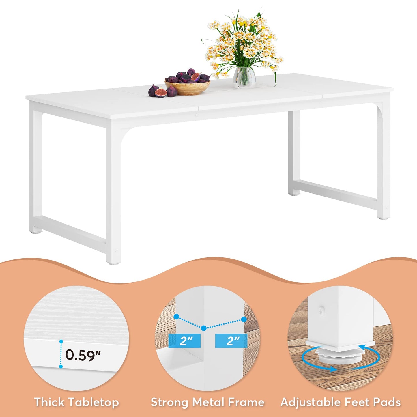 LITTLE TREE 70.9 Inch Large Dining Table Rectangular Kitchen Furniture for 6 to 8 People, White