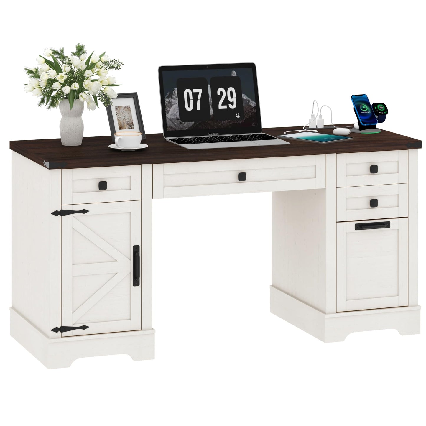 Squireewo 58'' Farmhouse Home Office Desk with Drawers, Wooden Executive Desk with Charging Station, File Drawers and Storage Cabinet, Computer Desk for Work, Study and Writing, Rustic White