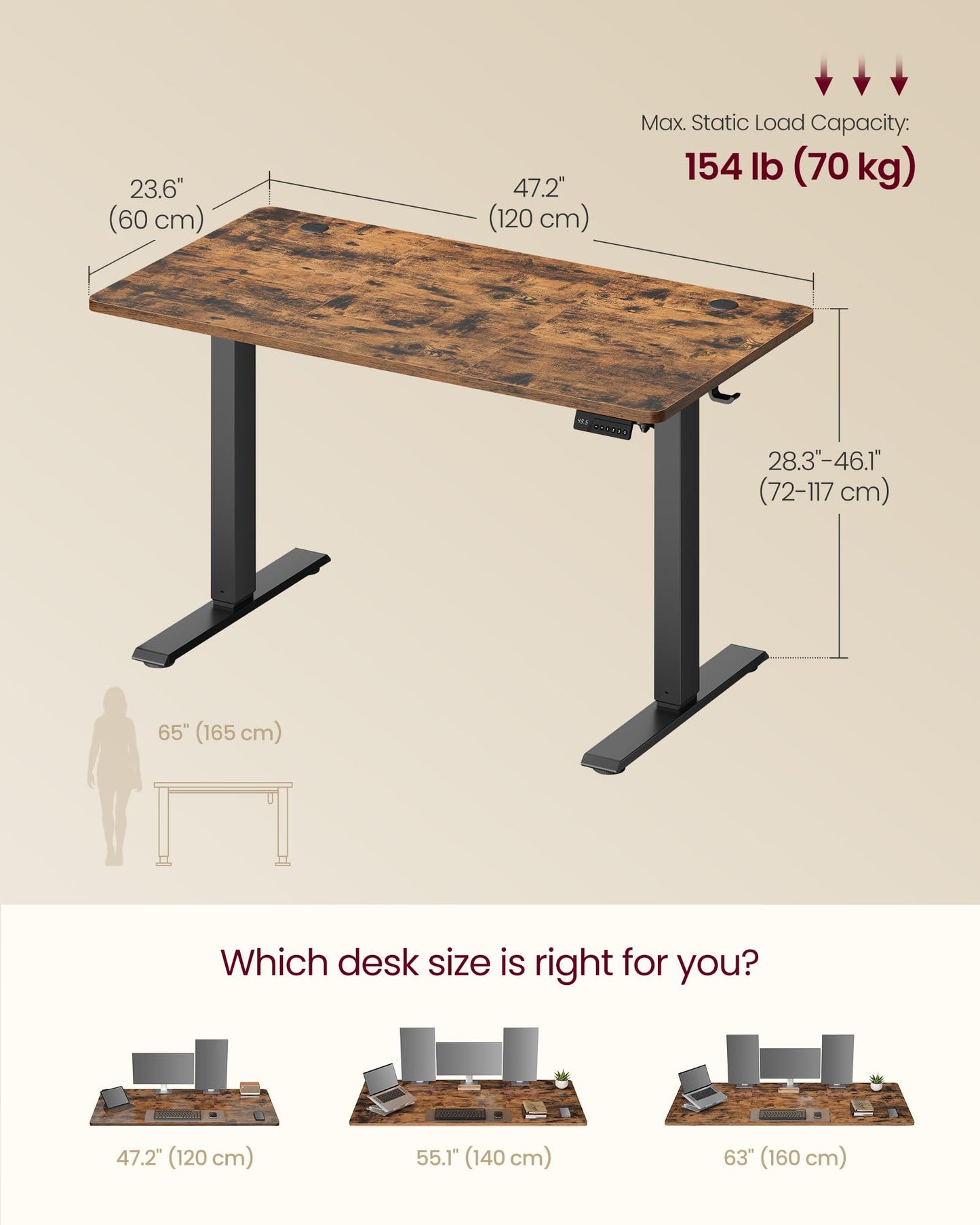 VASAGLE Electric Standing Desk, 47.2 x 23.6 Inches Height Adjustable Desk, Sedentary Reminder, 4 Memory Heights, for Home Office, Rustic Brown ULSD312KD020S