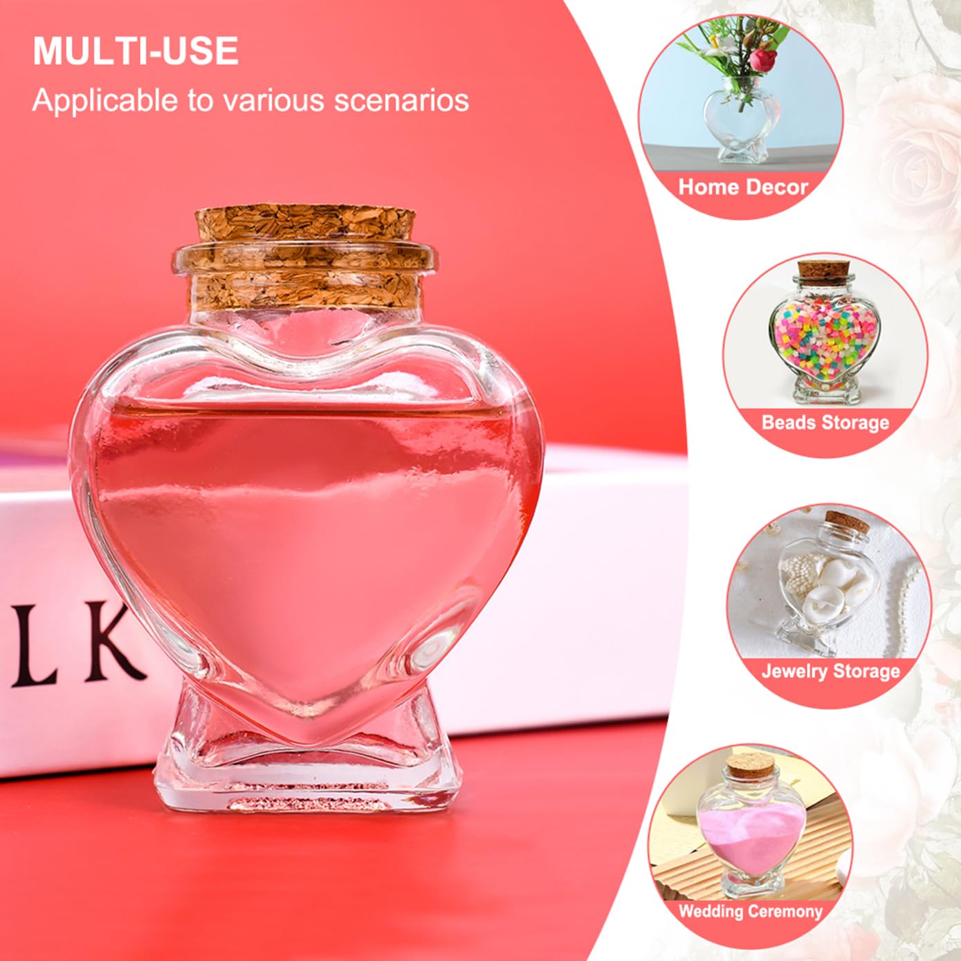 2 Pcs Heart Shaped Glass Bottle with Cork Stopper,160ml Large Empty Jar Decorative for Paper Stars,Wedding Wishes Love Notes Pet Hair Memory Keepsake Romantic Gift 3.3" Opening(Love)