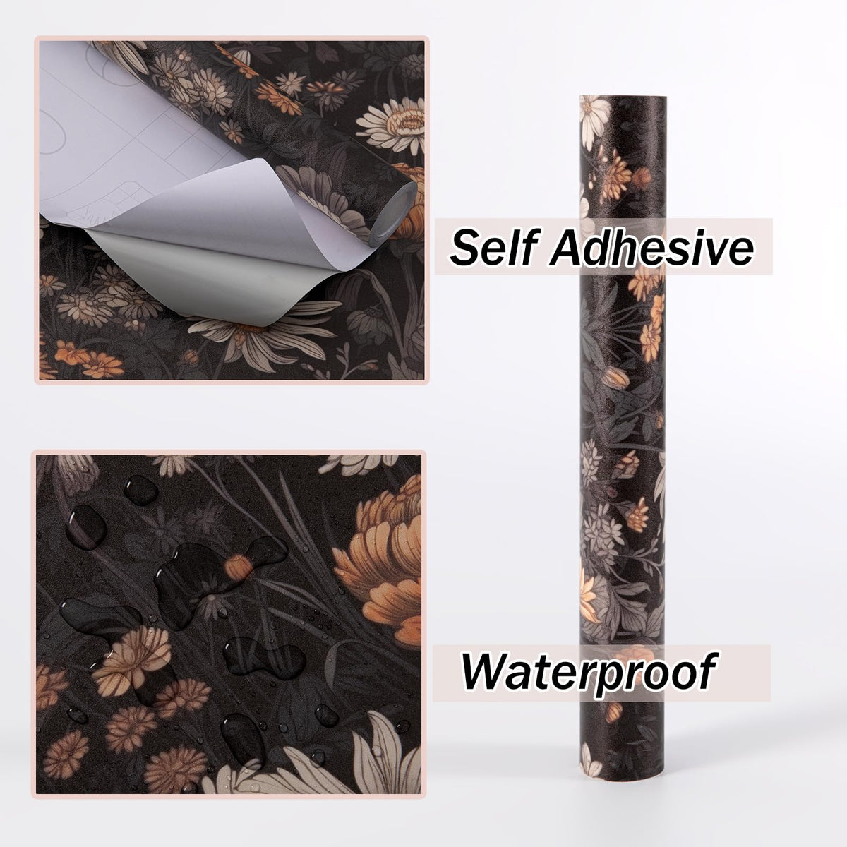 Black Floral Peel and Stick Wallpaper, Vintage Dark Botanical Contact Paper, Gold Daisy Self Adhesive Vinyl Wall Paper Waterproof&Removable Renter Friendly Wallpaper for Bedroom Cabinet 15.7"x 197"