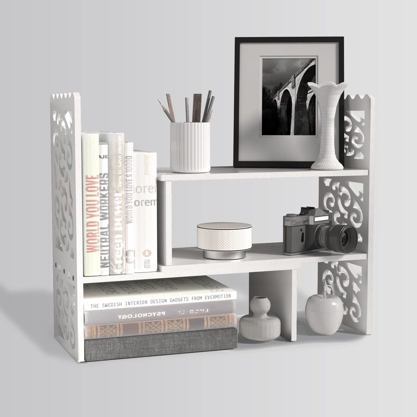 MASAKA B&W - Kawaii Storage Desktop Organizer for Your Desk Space, Double H Plants Display Shelf, Home Office Storage Rack Adjustable Stackable for Office, Dormitory (White*09)