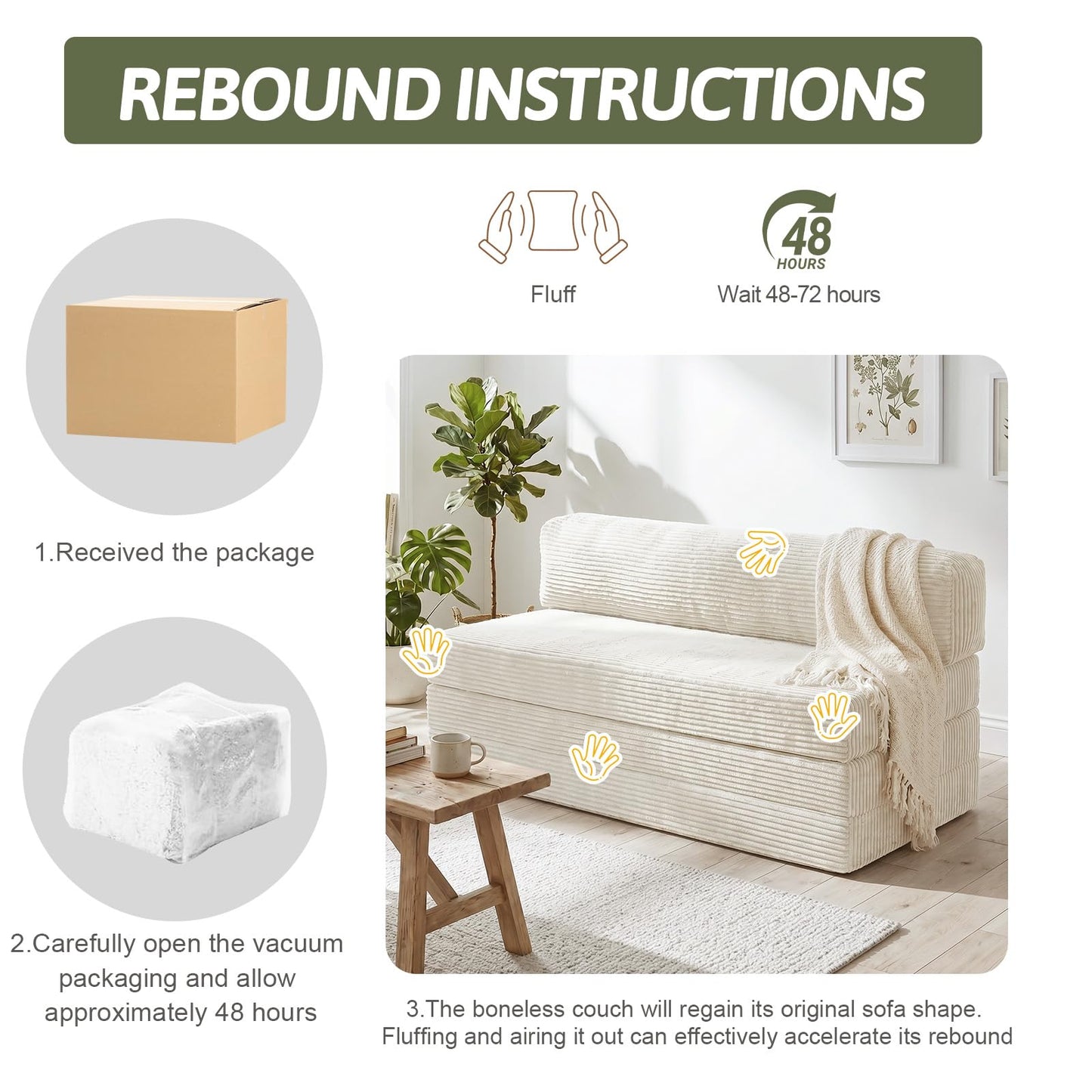 NLDD Convertible Sofa Bed, Boneless Loveseat with Removable Cushions & Washable Corduroy Cover, Futon Sofa Bed with Handle, Pull Out Couch for Small Spaces, Full Size, Beige