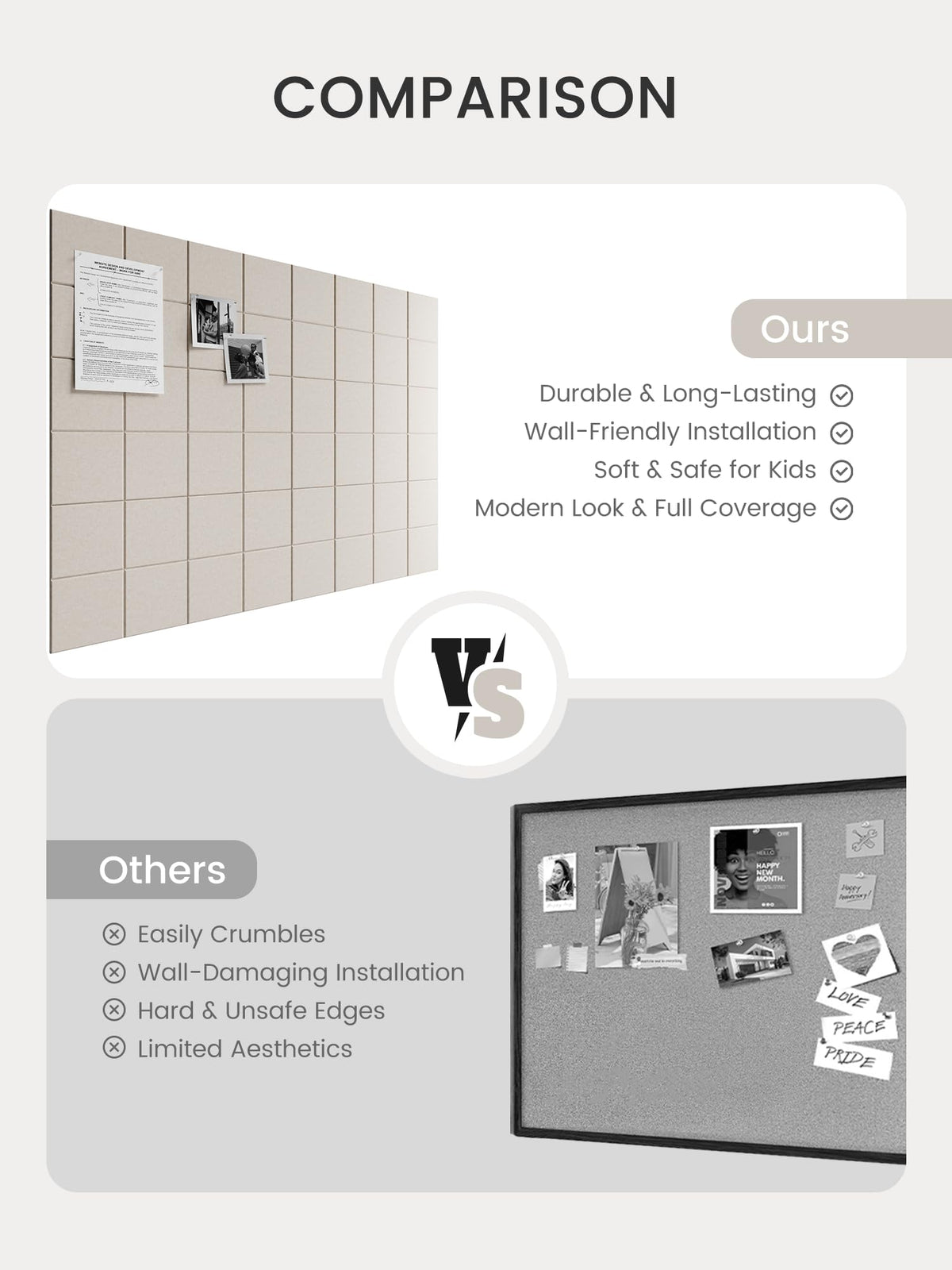 Bumusty Large Felt Bulletin Board, 48" x 36" Cork Board Alternative, 12-Pack Wall Tiles with 4-Compartment Design, 30 Push Pins, 70 Adhesive Tabs, Ideal for Office & Home Decor, Oatmeal