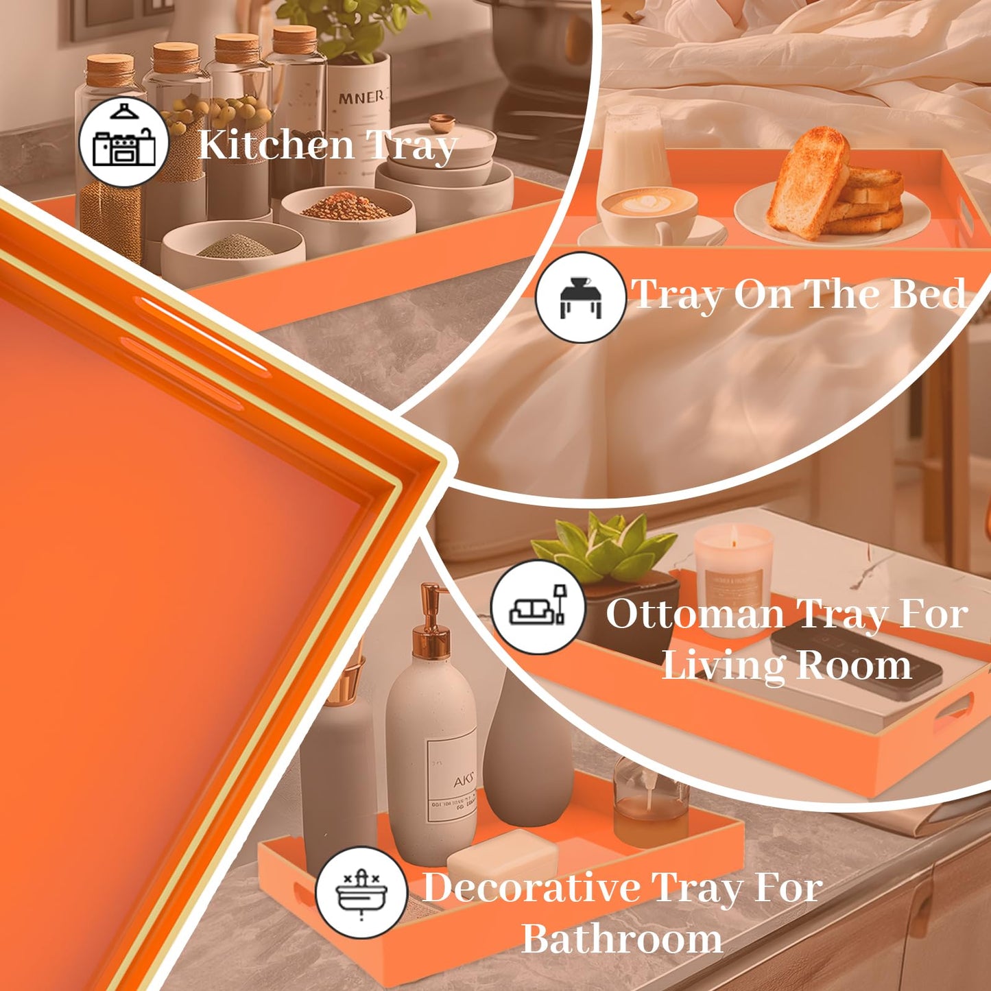 MAONAME Orange Serving Trays Set of 2, Plastic Decorative Trays with Handles, Rectangular Coffee Table Tray for Ottoman, Nesting Tray for Living Room, Bedroom