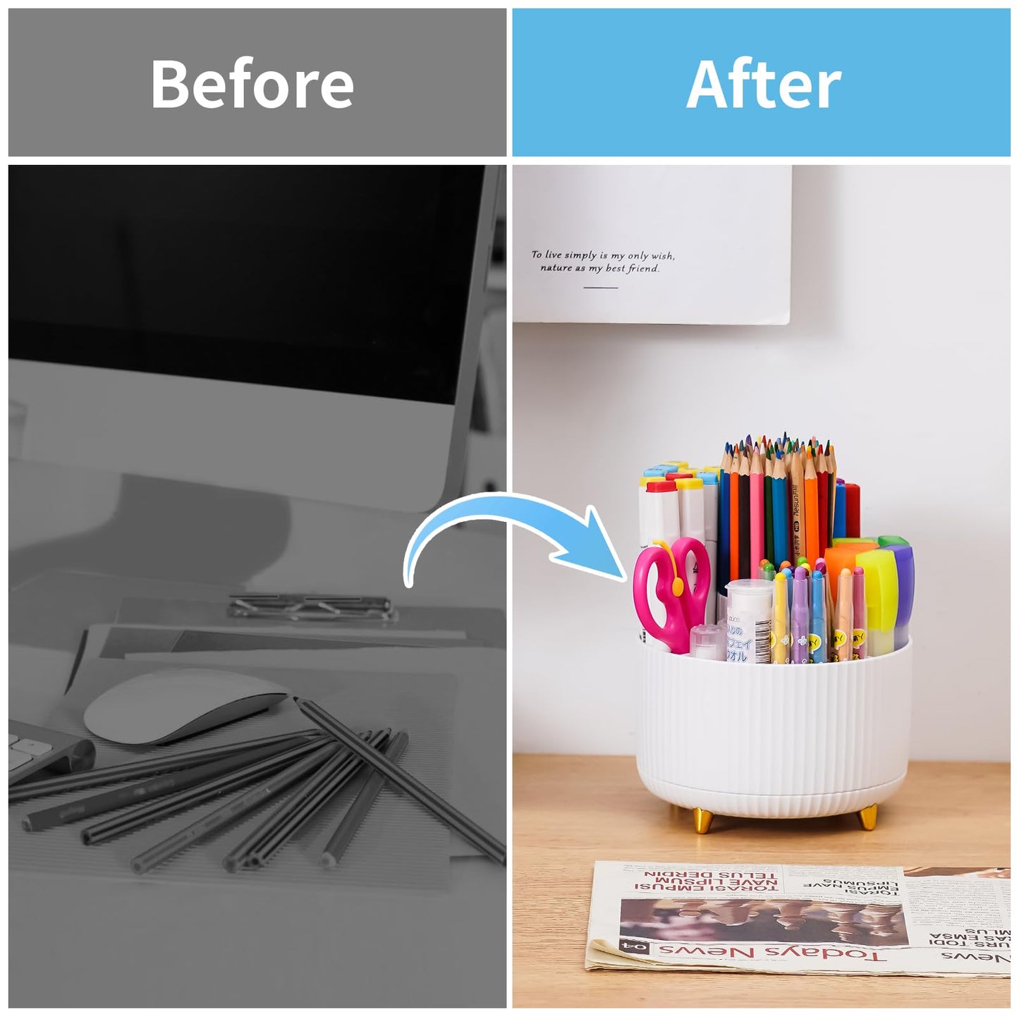 Marbrasse Desk Organizer, 360-Degree Rotating Pen Holder, Desk Organizers and Accessories with 5 Compartments Pencil Holder, Art Supply Storage Box Caddy for Office, Home(White)