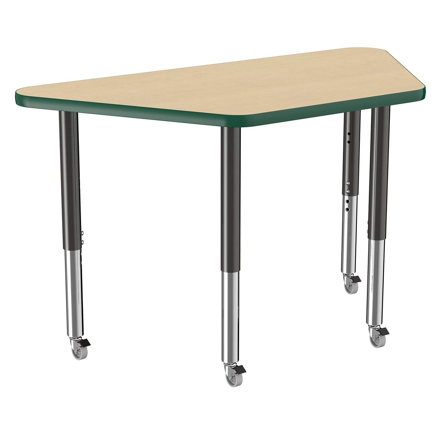 FDP Mobile Trapezoid Activity School and Office Table (24 x 48 inch), Super Legs with Glides and Casters for Collaborative Environments, Adjustable Height 19-30 inches - Maple Top and Green Edge