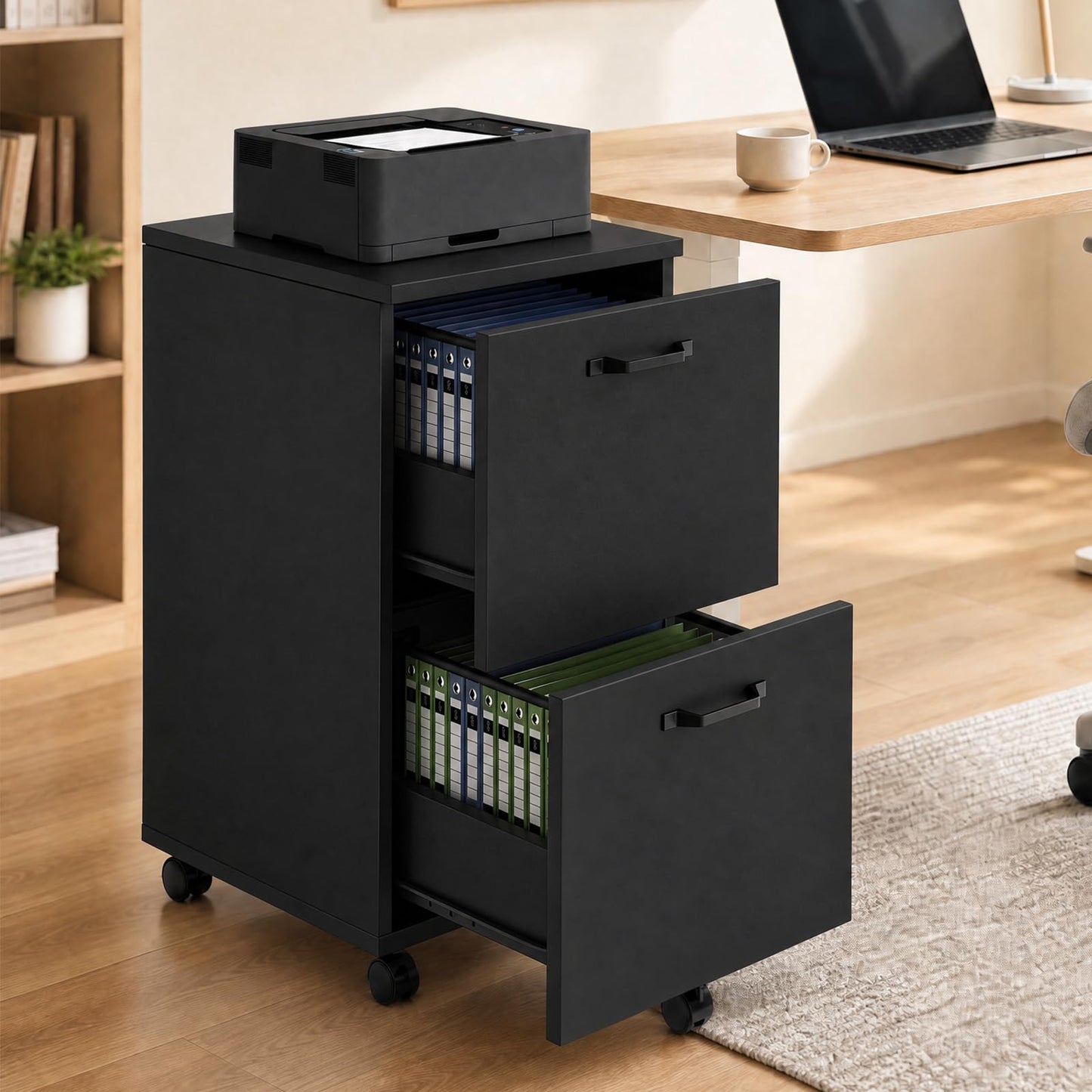 DUMOS 2 Drawer Filing Cabinet, Rolling Wood File Cabinet for Home Office, Under Desk Storage with Lockable Wheels, Printer Stand, Office Organizer, Black