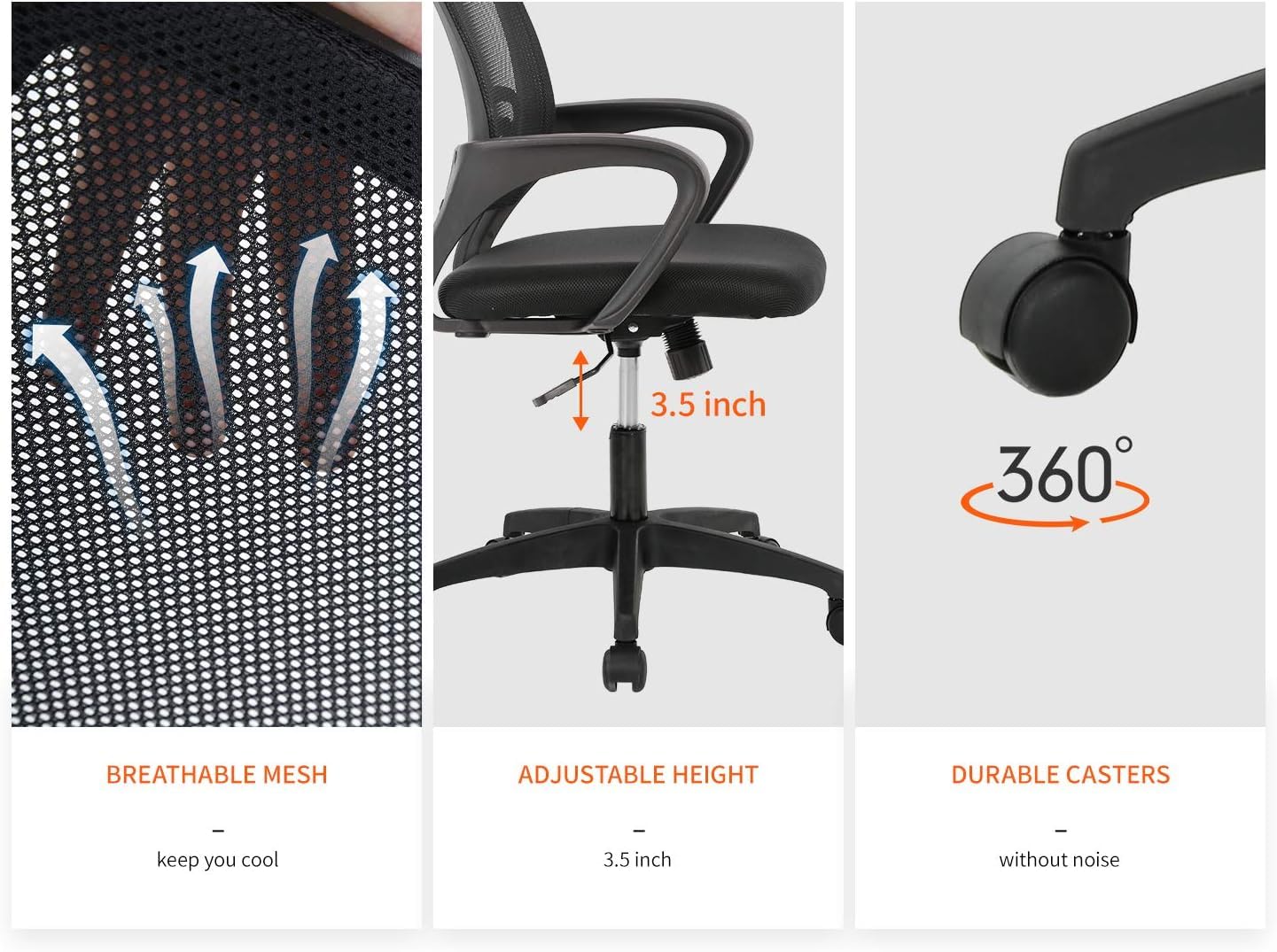 Home Office Chair Ergonomic Desk Chair Mid-Back Mesh Computer Chair Lumbar Support Comfortable Executive Adjustable Rolling Swivel Task Chair with Armrests(Black)