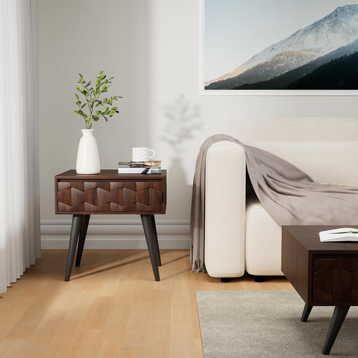 Bme Georgina Solid Wood Mid-Century Modern Side Table with Drawer – Fully Assembled Bedside Table with Rustic Geometric Pattern for Living Room or Bedroom