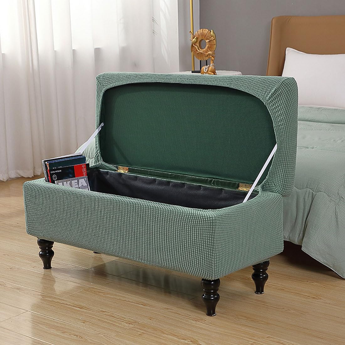 Lussenwert Ottoman Cover Rectangle, Stretch Jacquard Storage Bench Cover Removable Folding With Elastic Bands Ties Large Sage