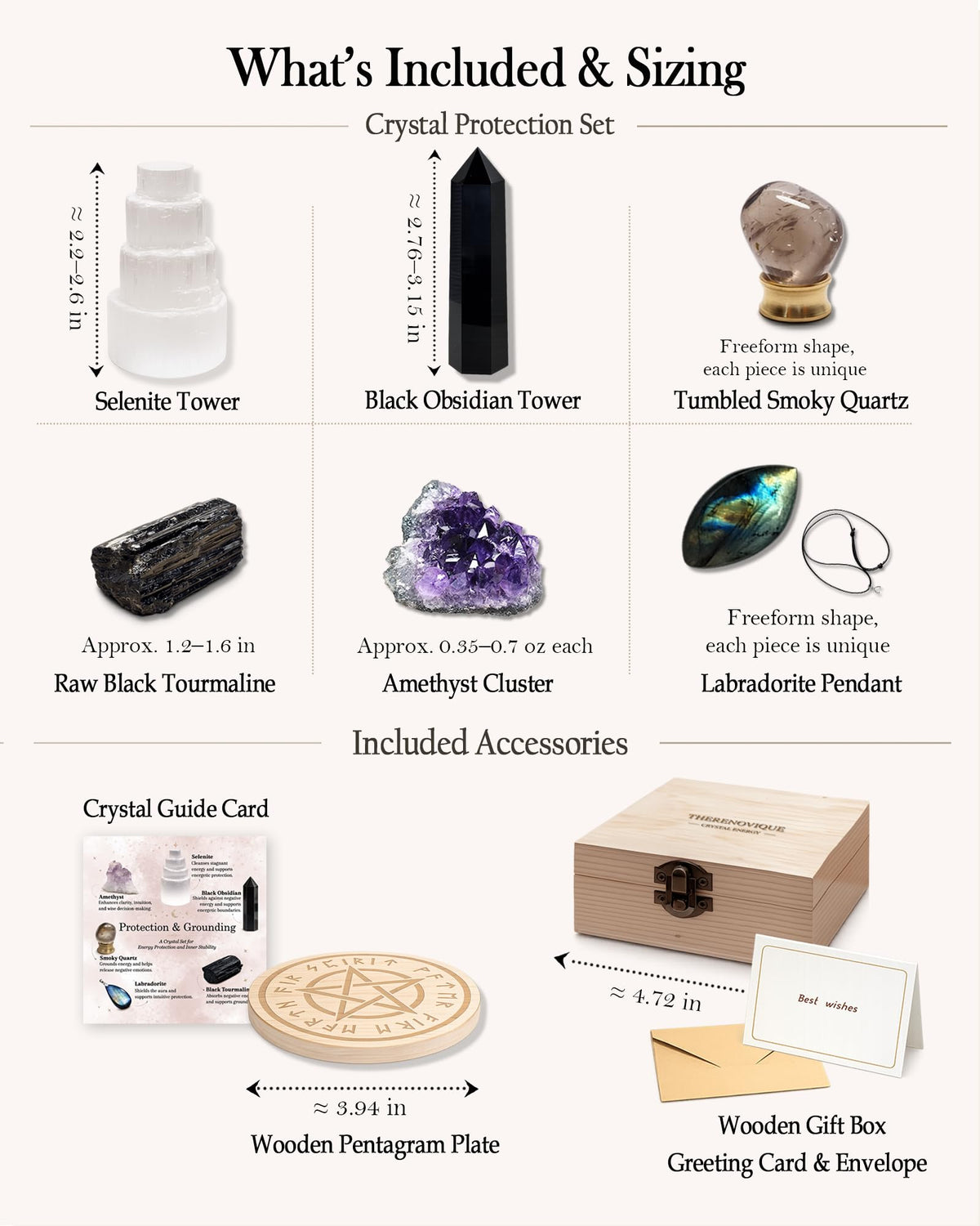 Protection Crystals and Healing Stones Gift Set — Black Tourmaline, Obsidian, Selenite, Labradorite Necklace, Smoky Quartz, Amethyst for Negative Energy & Spiritual Cleansing, Wooden Gift Box