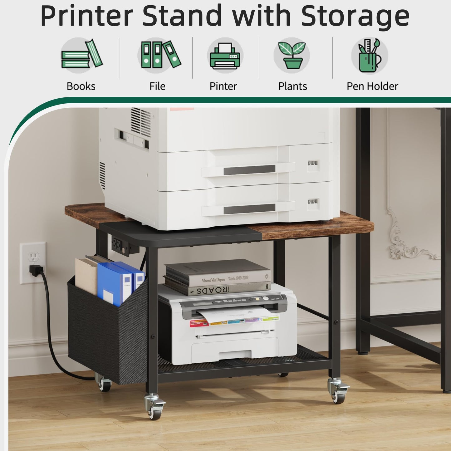 YAOHUOO 23.6"×23.6" Large Printer Stand with Power Outlet, Printer Table with Storage Side Pocket, Heavy Duty Rolling Cart for Home Office 3D Printer/Laser/Heat Press Table, Rustic Brown