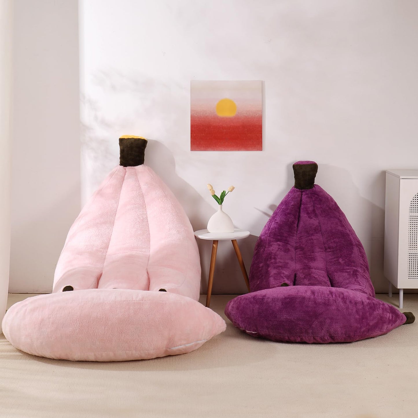 IEVENW Banana Bean Bag Chair with Ottoman, Floor Sofa Bed with Footrest, Comfy Convertible Lounger for Adults, Plush Couch for Bedroom, Living Room or Dorm, L-Pink