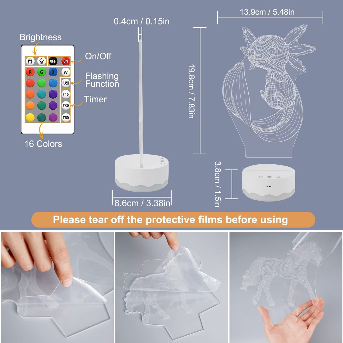 Axolotl Night Light, 3D Illusion lamp with Remote + Touch 16 Color Flashing Changing + Timer Desk Lamps Kids Room Decor Best Festival Birthday Gifts (Axolotl)