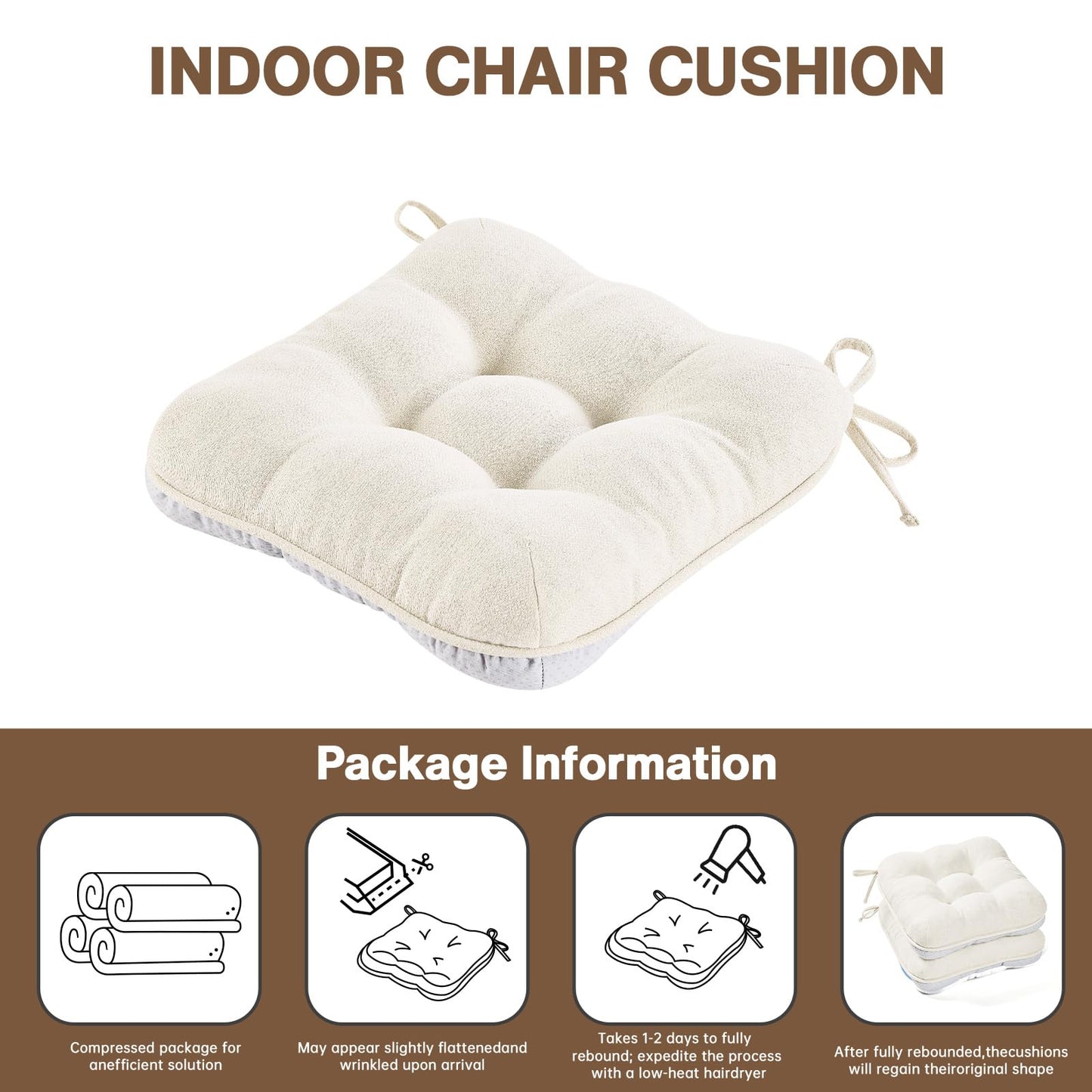 BETU White Chair Cushions for Dining Chairs Set of 4,3.5" Thick Kitchen Table Chair Pads with Ties,Non Slip Backing and Covers, Seat Cushion for Dining Room,Bar,Patio Chairs,15.5"X15.5"X3.5",White