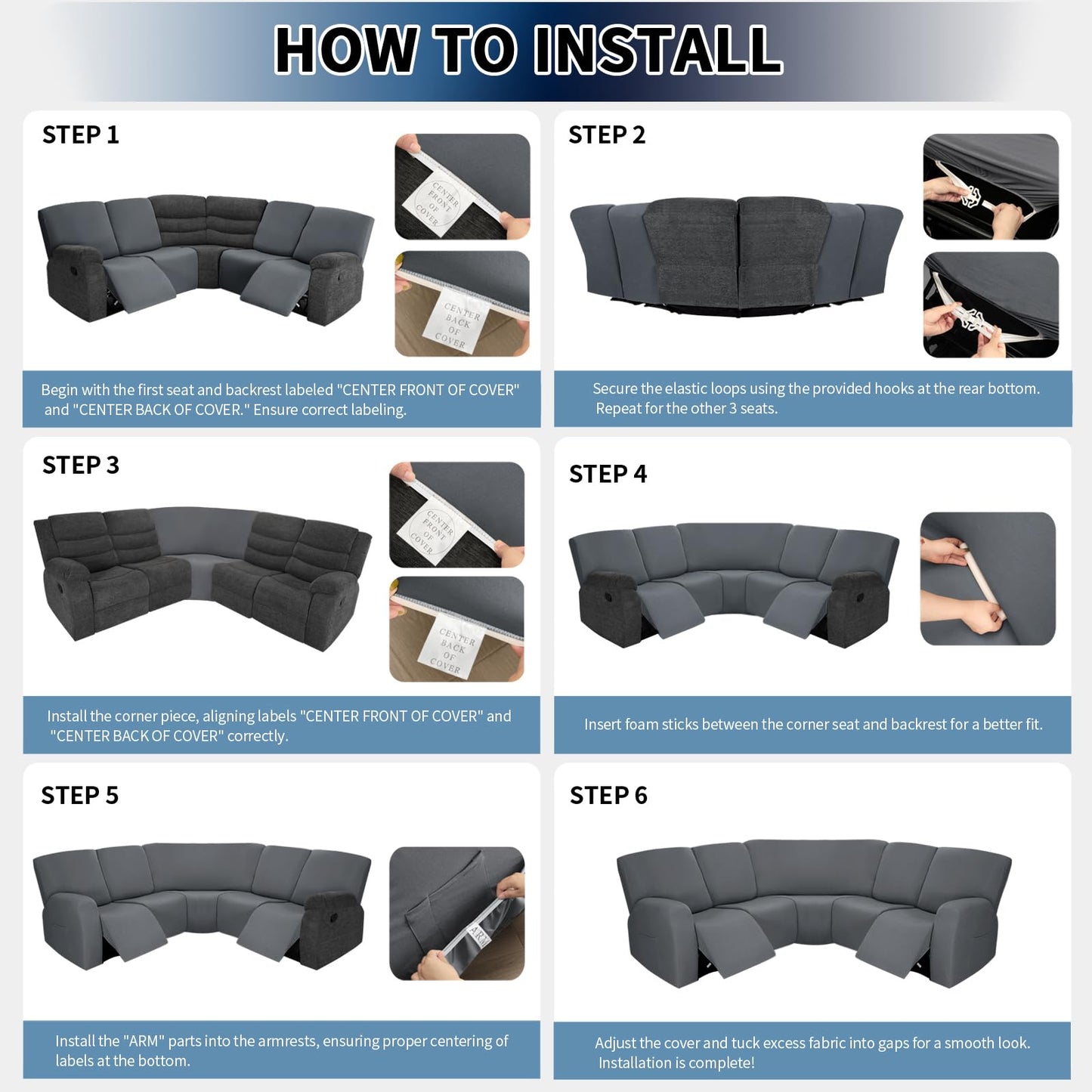 PureFit 7-Pieces Sectional Sofa Covers, Extra Large Sectional Recliner Couch Covers for Reclining L Shape Couches Sofas, Stretch Washable Fleece Sofa Slipcovers with Pockets, 5 Seat, Light Gray