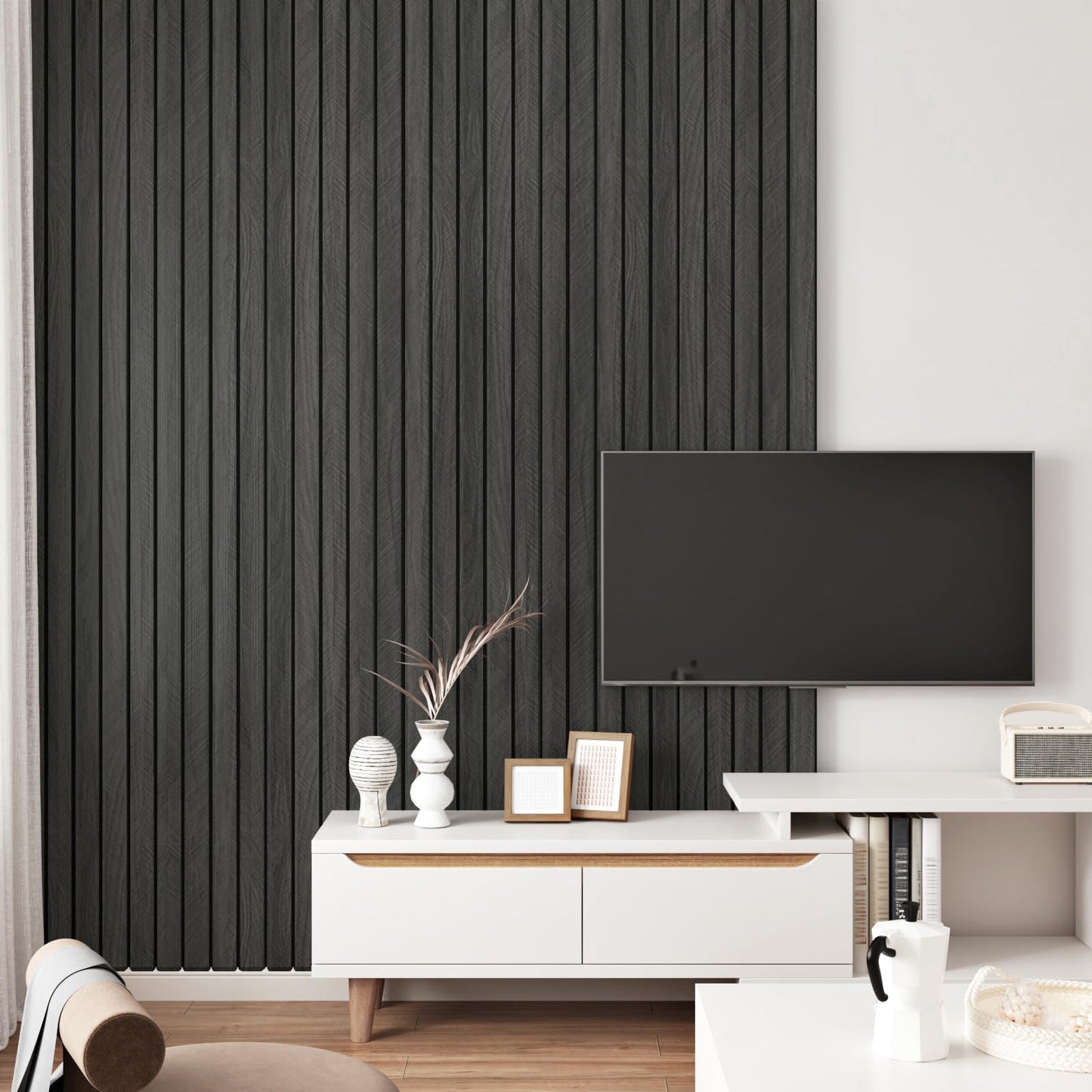 STICKEEP Grey/Black 3D Wood Panels for Wall Decor 197"x11.8" Peel and Stick Faux Wood Wall Panel Self Adhesive Soundproof Wooden Slats Paneling Wallpaper for Living Room Bedroom Office Work Shop