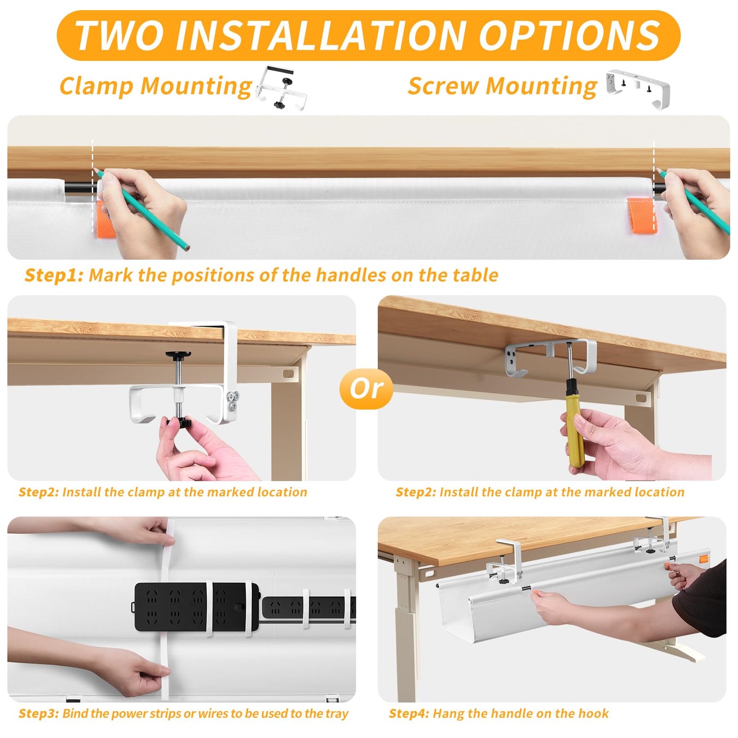 SUREUP9 Under Desk Cable Management Tray, 36" No Drill Cable Management Under Desk, Storage Table Under Desk Organizer with Clamp/Screws, Standing Cord Organizer Tray White Fabric for Home Office