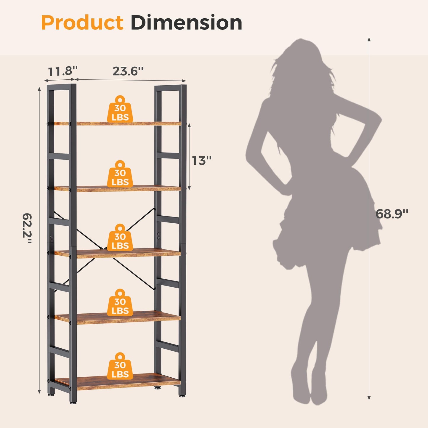 DUMOS 5-Tier Bookshelf, Modern Tall Bookcase, Open Storage Display Shelf for Living Room, Bedroom, Home Office, Narrow Standing Shelving Unit for Books, CDs, Décor,Rustic Brown